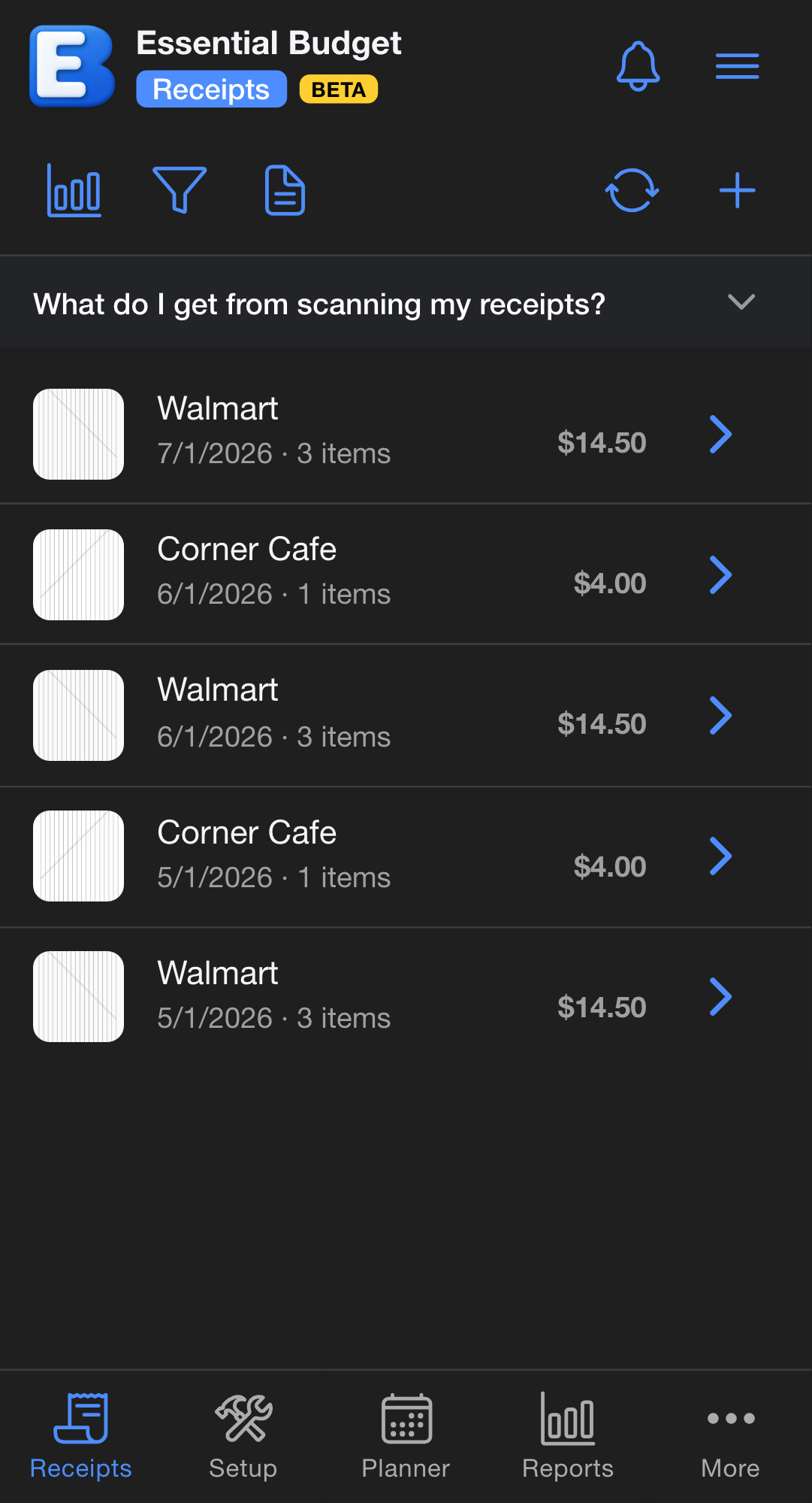 The Receipts tab of a budget started from receipts, with the Sync button pinned in the toolbar beside the scan button and the scanned receipts listed below.