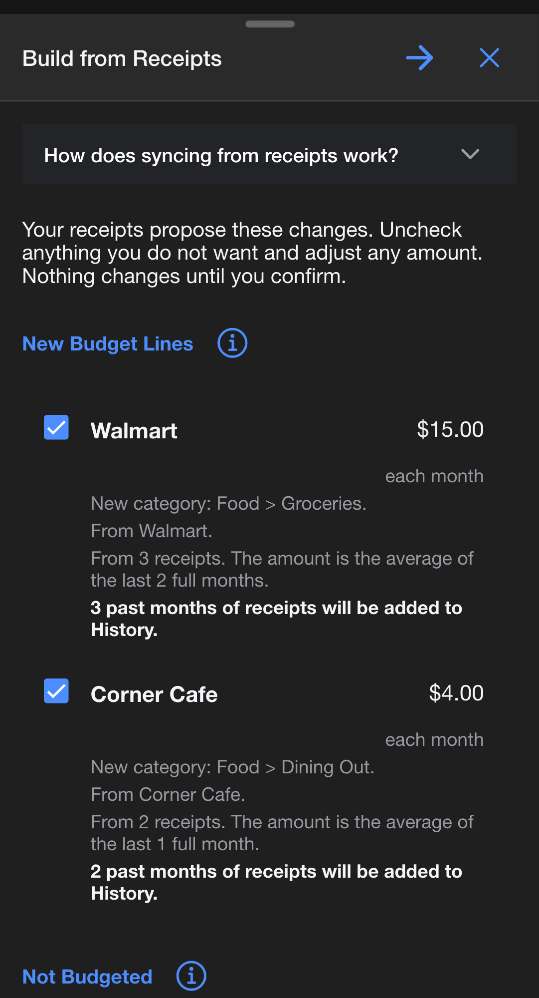 The Build from Receipts review listing proposed budget lines, each with a checkbox, an editable amount, how often it repeats, where it will live, and the receipts behind it.