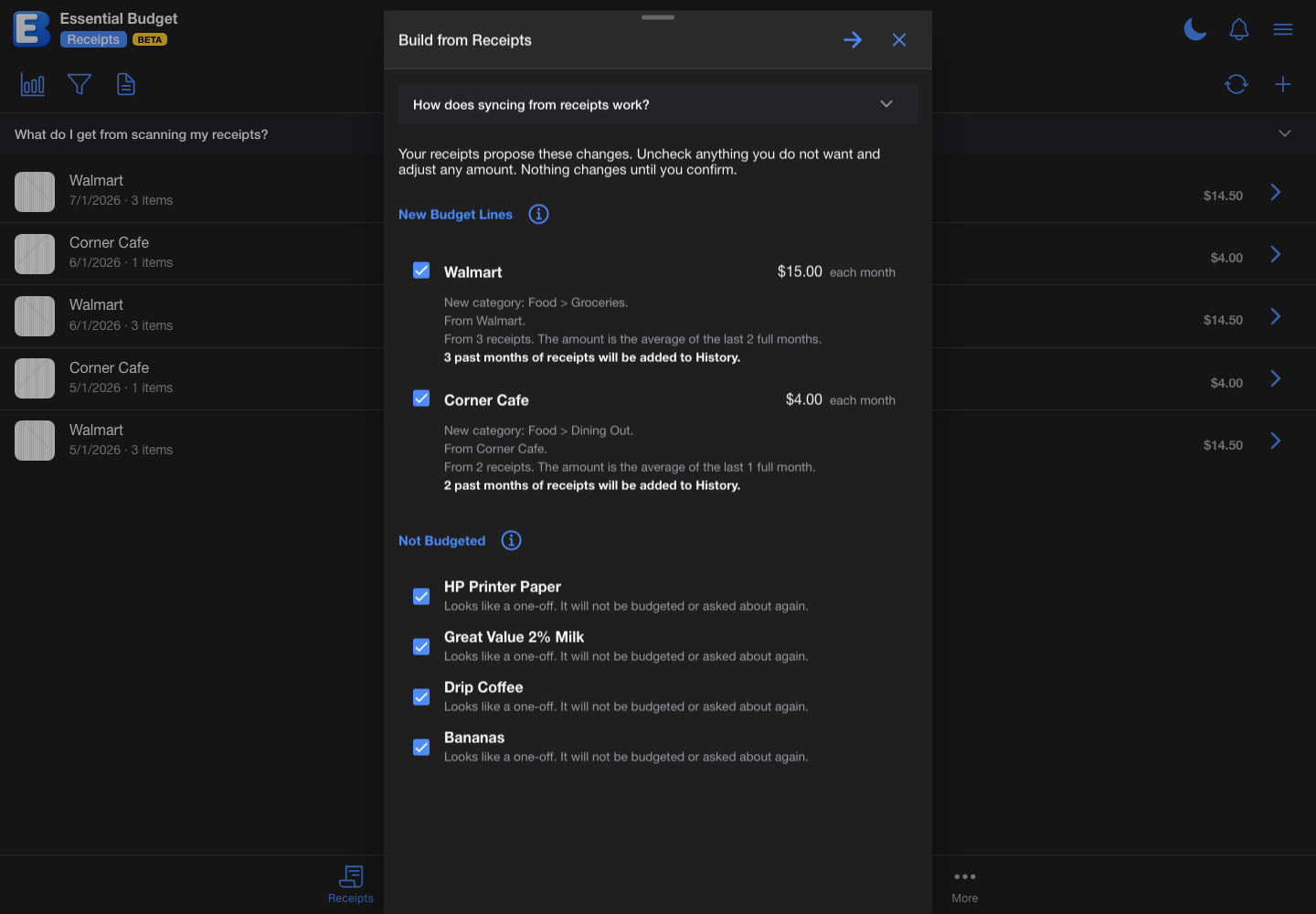 Build from Receipts review, proposing budget lines from scanned receipts