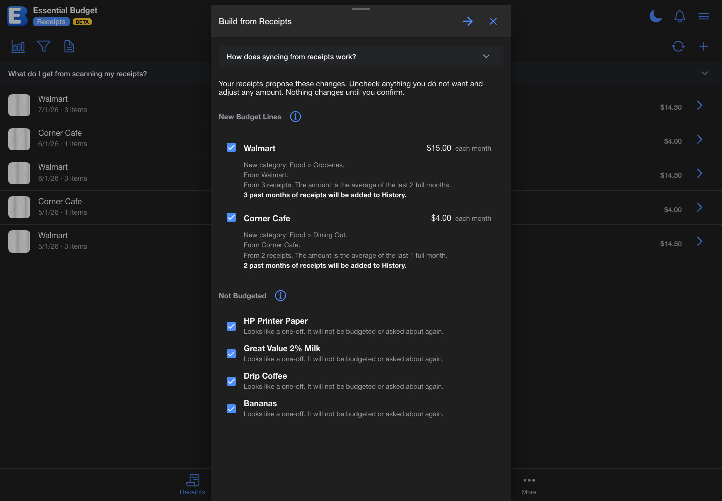 Build from Receipts review, proposing budget lines from scanned receipts