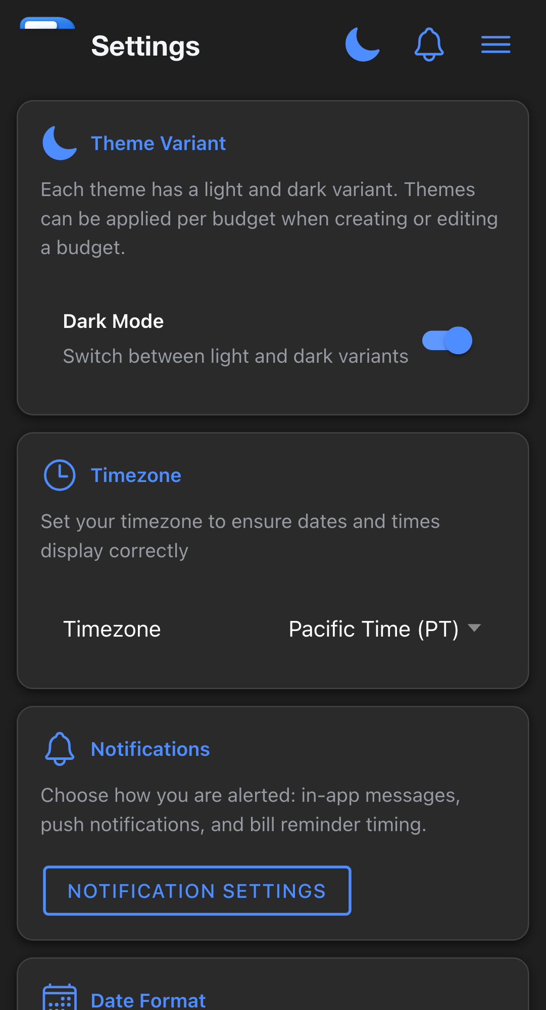 Settings page Theme Variant section. The card description reads "Each theme has a light and dark variant. Themes can be applied per budget when creating or editing a budget." Below it, an item with the title "Dark Mode" and the subtitle...