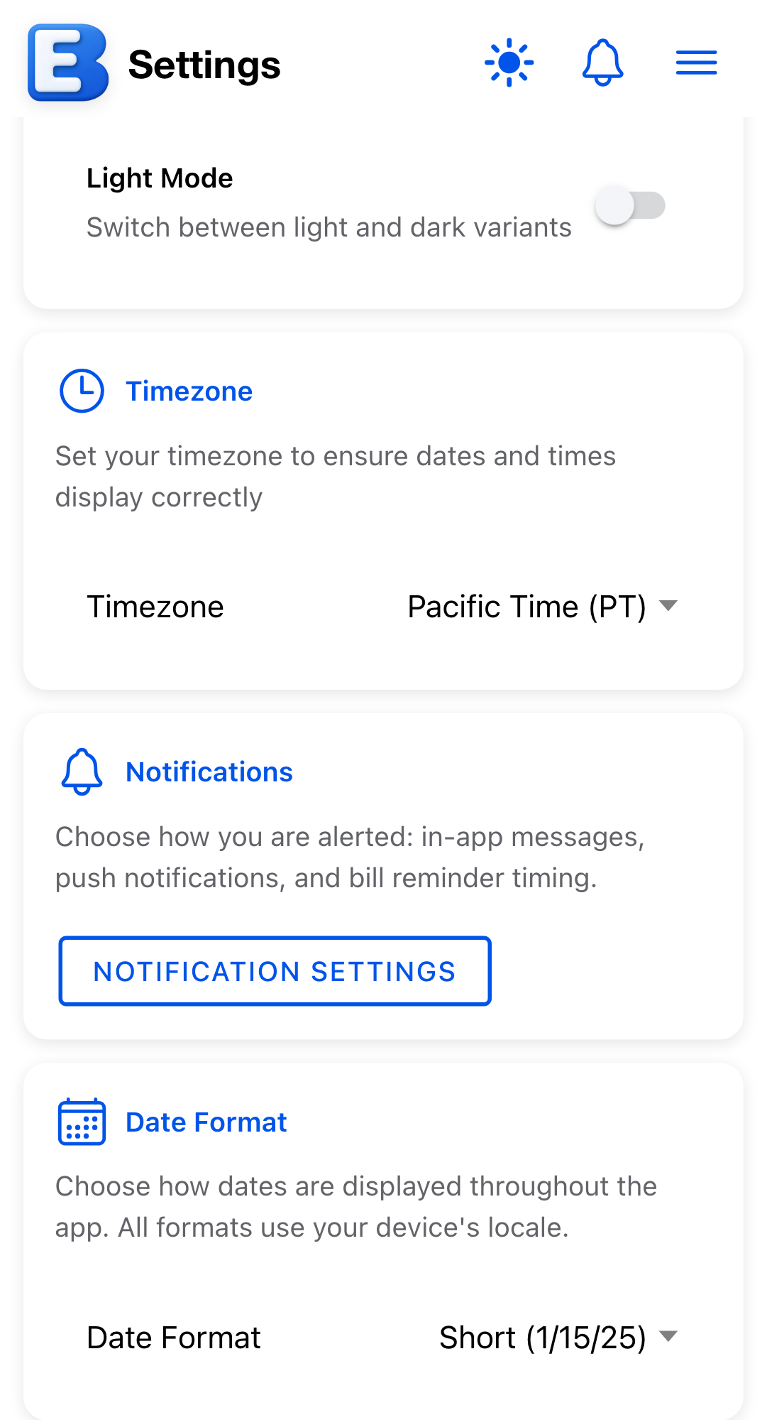 Settings page Date Format section. The card description reads "Choose how dates are displayed throughout the app. All formats use your device's locale." Below it, a select shows "Medium (Jan 15, 2025)" as the current value.