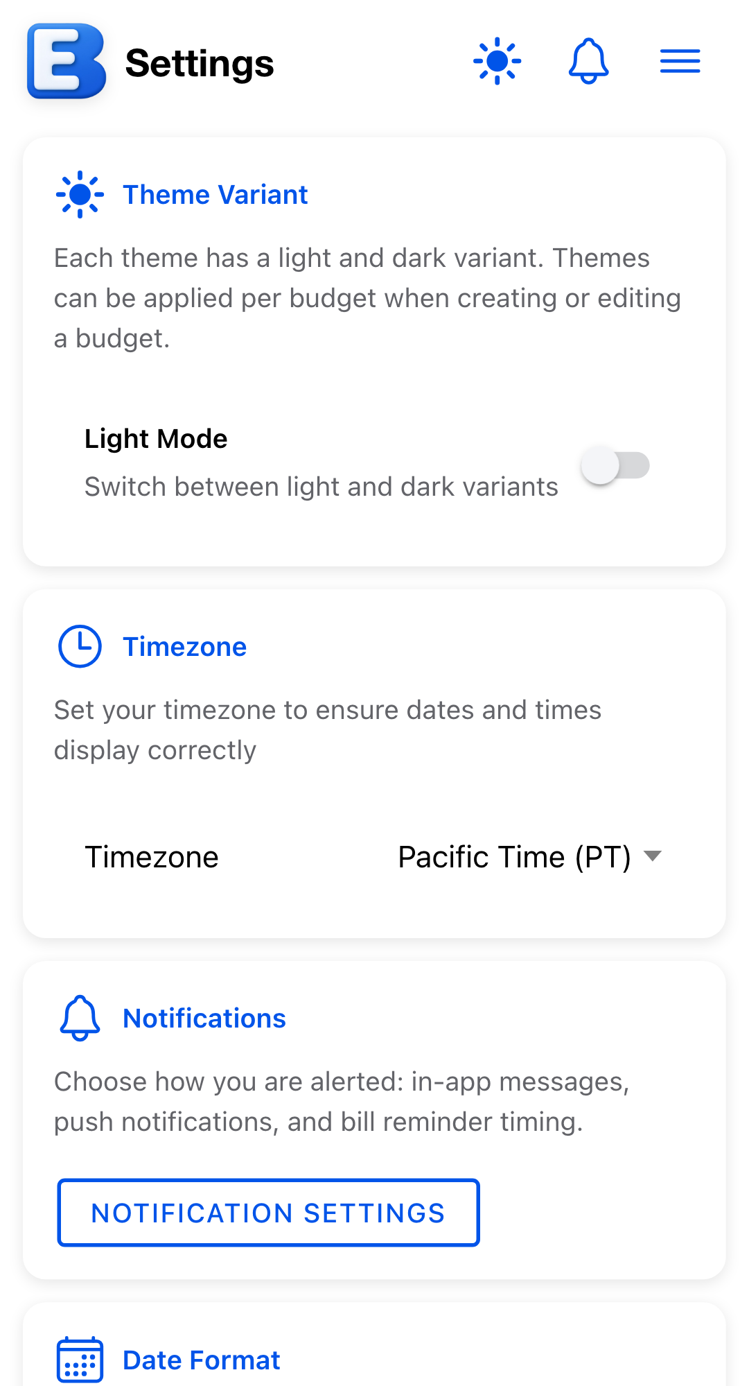 Settings page Timezone section. The card description reads "Set your timezone to ensure dates and times display correctly". Below it, a select shows "Pacific Time (PT)" as the current value.
