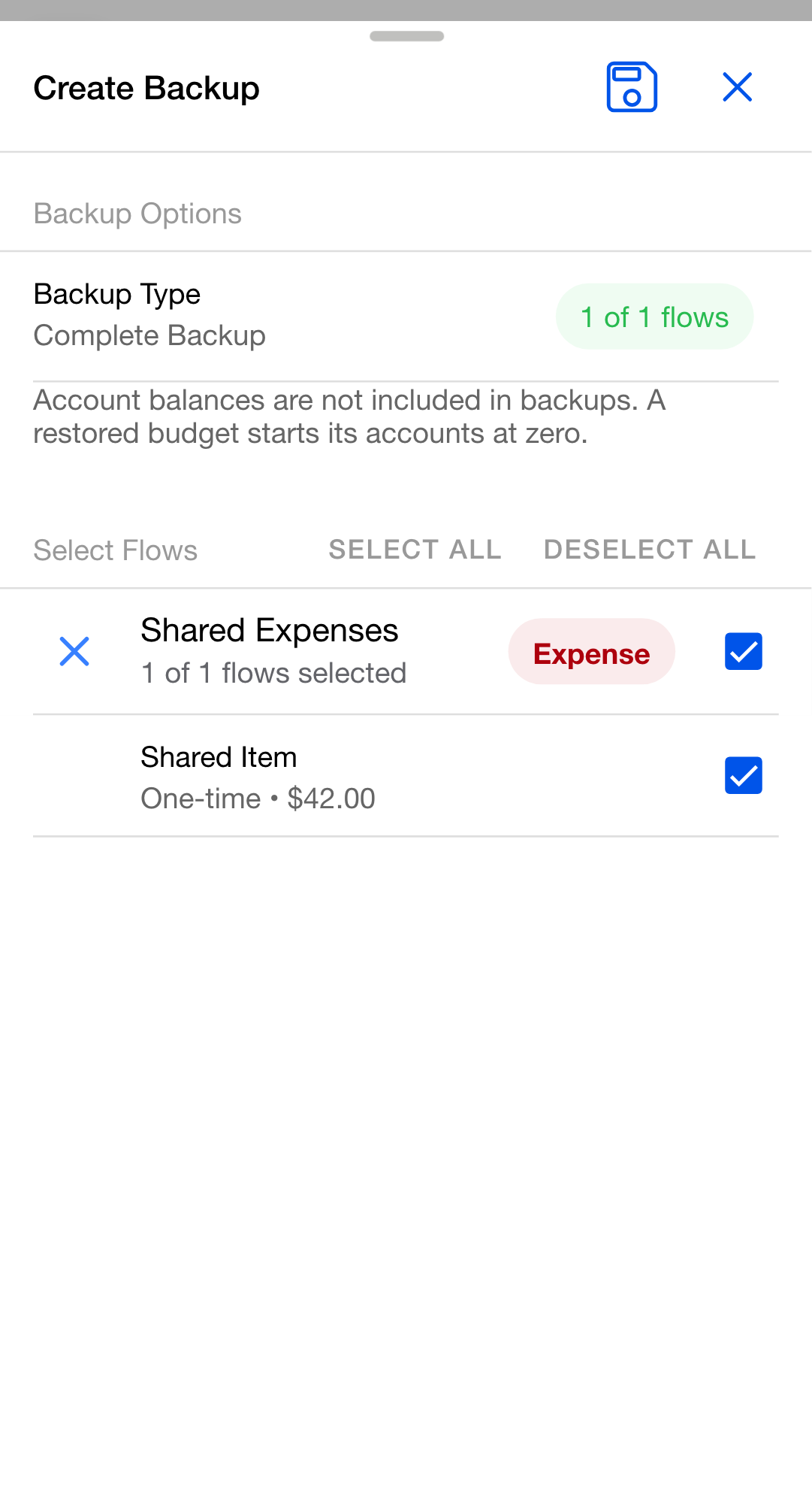 The Create Backup dialog for a selected budget. The Backup Type row and its flows chip sit above a note that balances are not included and the Select Flows list with every flow checked.
