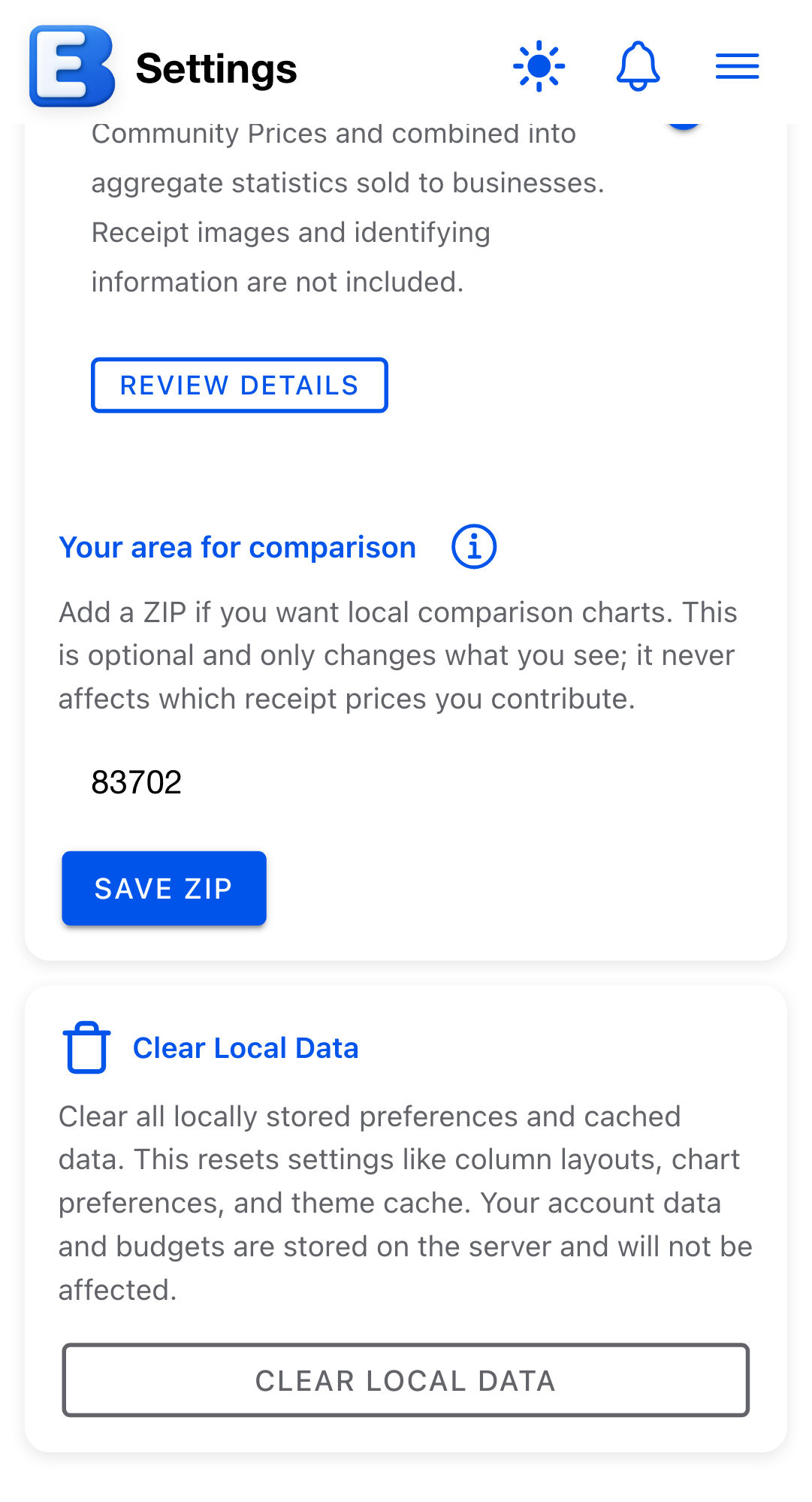 The Clear Local Data card at the bottom of the Settings page, with its description and the Clear Local Data button.