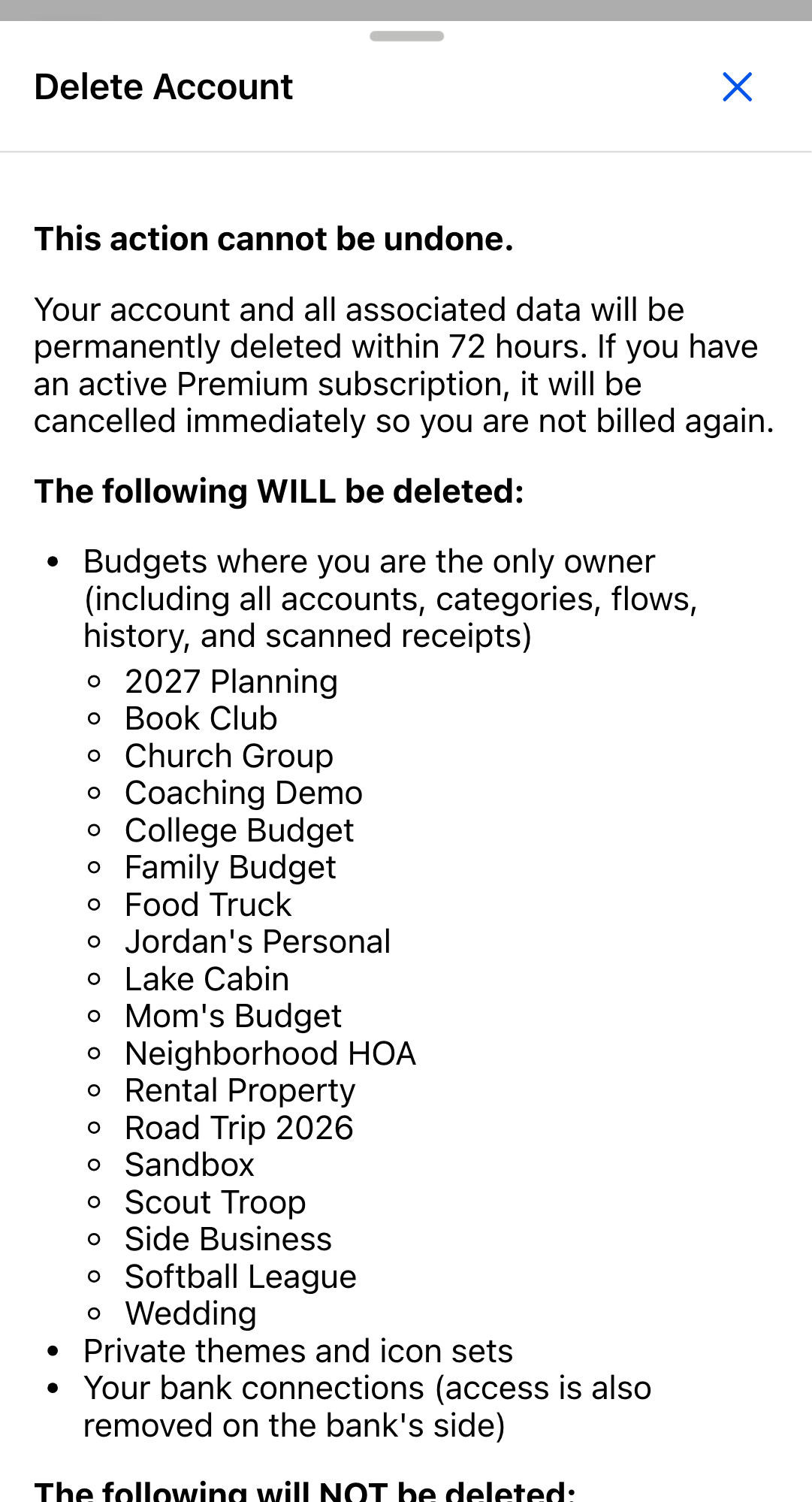 The Delete Account dialog. A red warning reads This action cannot be undone, followed by the lists of what will and will not be deleted and a red Delete My Account button.