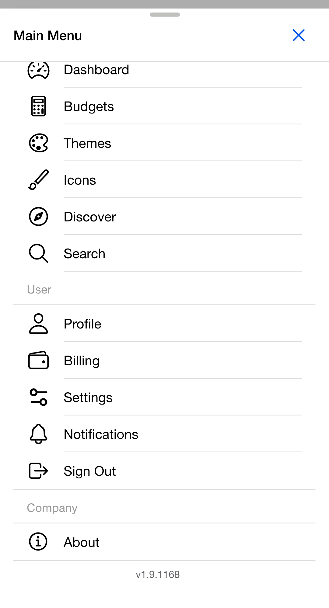 The Main Menu scrolled to its User section. The Profile, Billing, Settings, Notifications, and Sign Out rows are listed with icons, with the About row and the app version below them.
