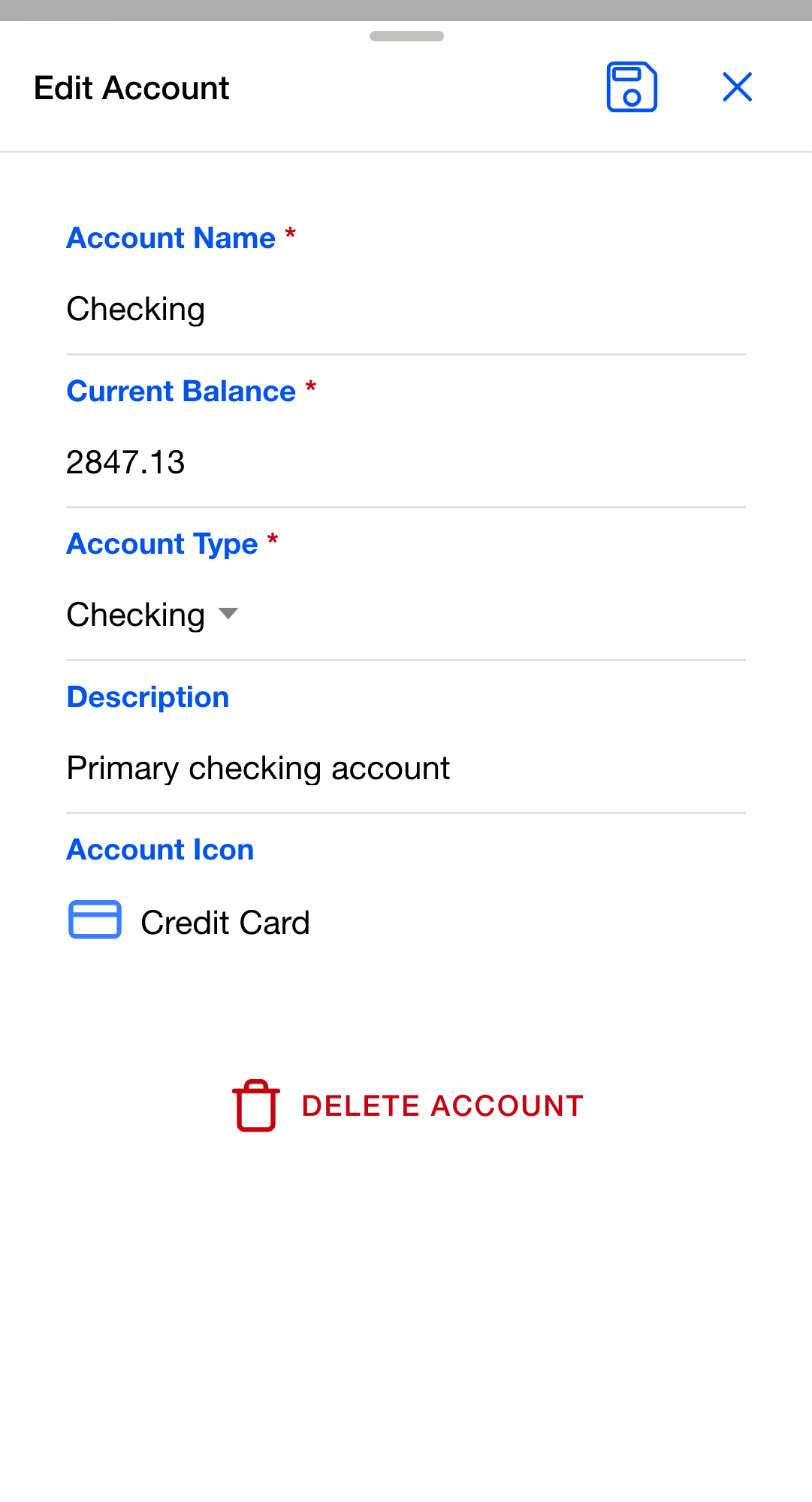 The Edit Account dialog with the Current Balance field showing 2847.13, above Account Type, Description and Account Icon.