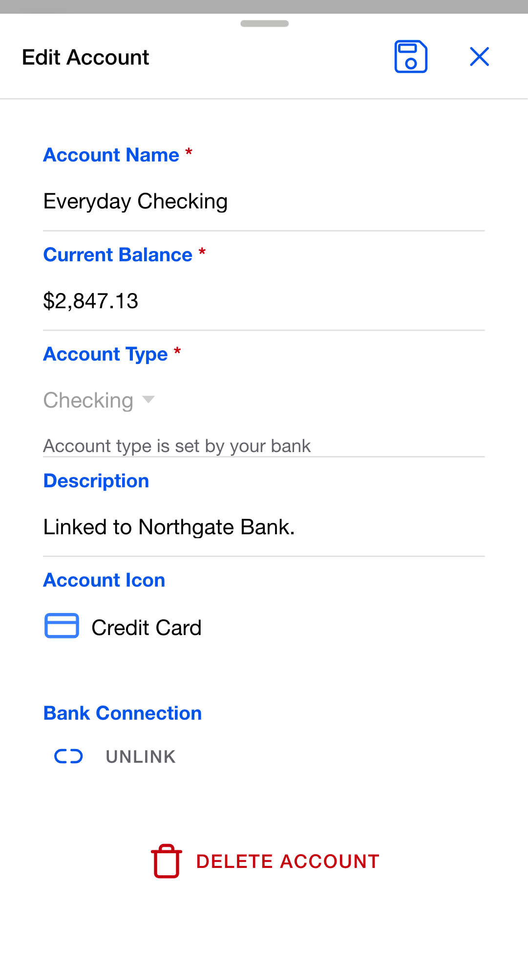 The Edit Account dialog for a bank-linked account, with a Bank Connection section and an Unlink button below the account's other fields.