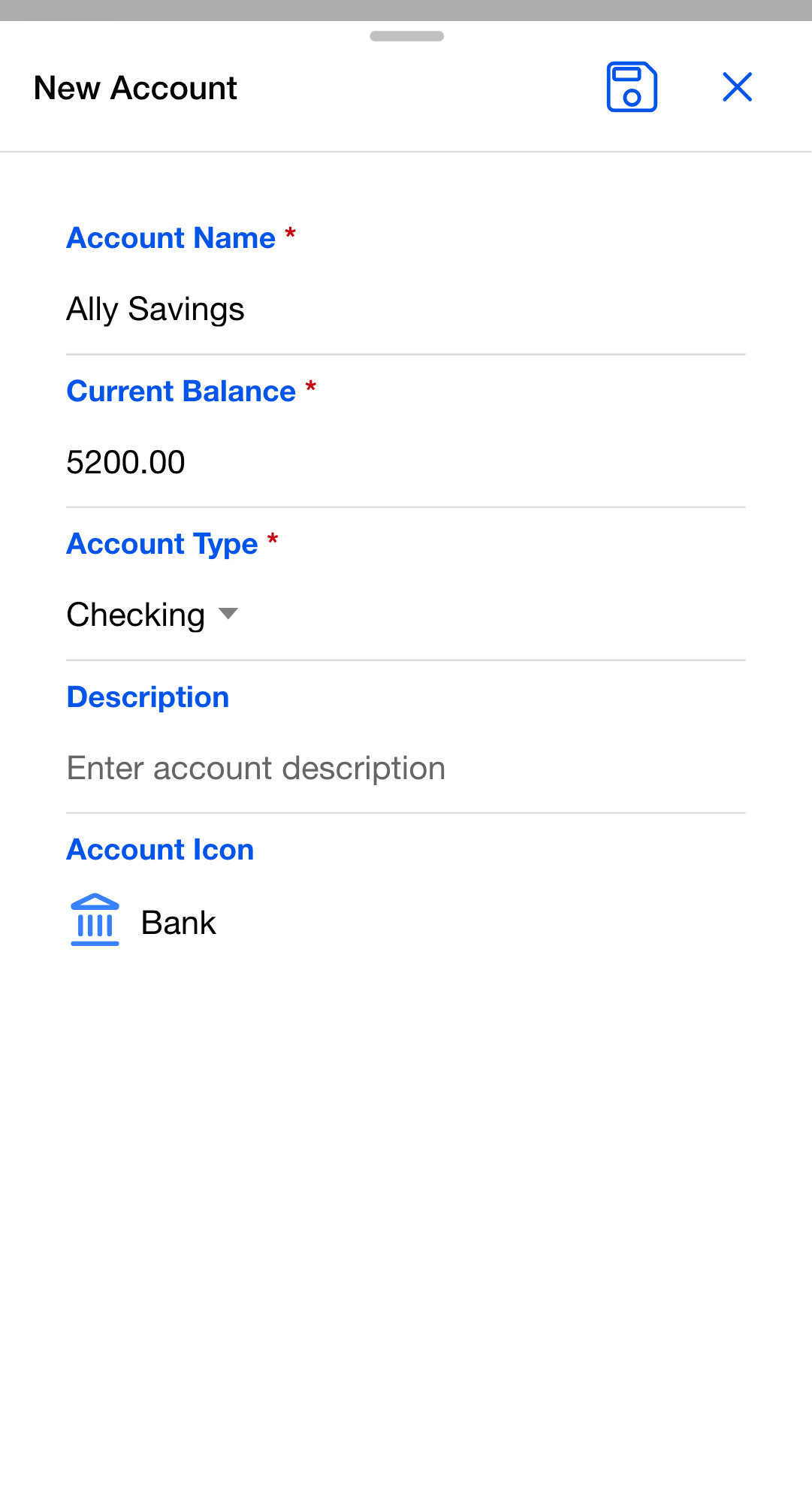The New Account dialog with Ally Savings entered as the Account Name and 5200.00 as the Current Balance, above the Account Type, Description and Account Icon fields.