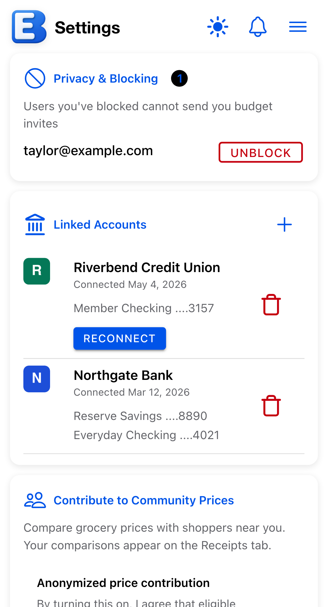 The Linked Accounts card in Settings listing two connected banks, each with its logo, the date it was connected, and the accounts shared from it. One bank carries a Reconnect button.
