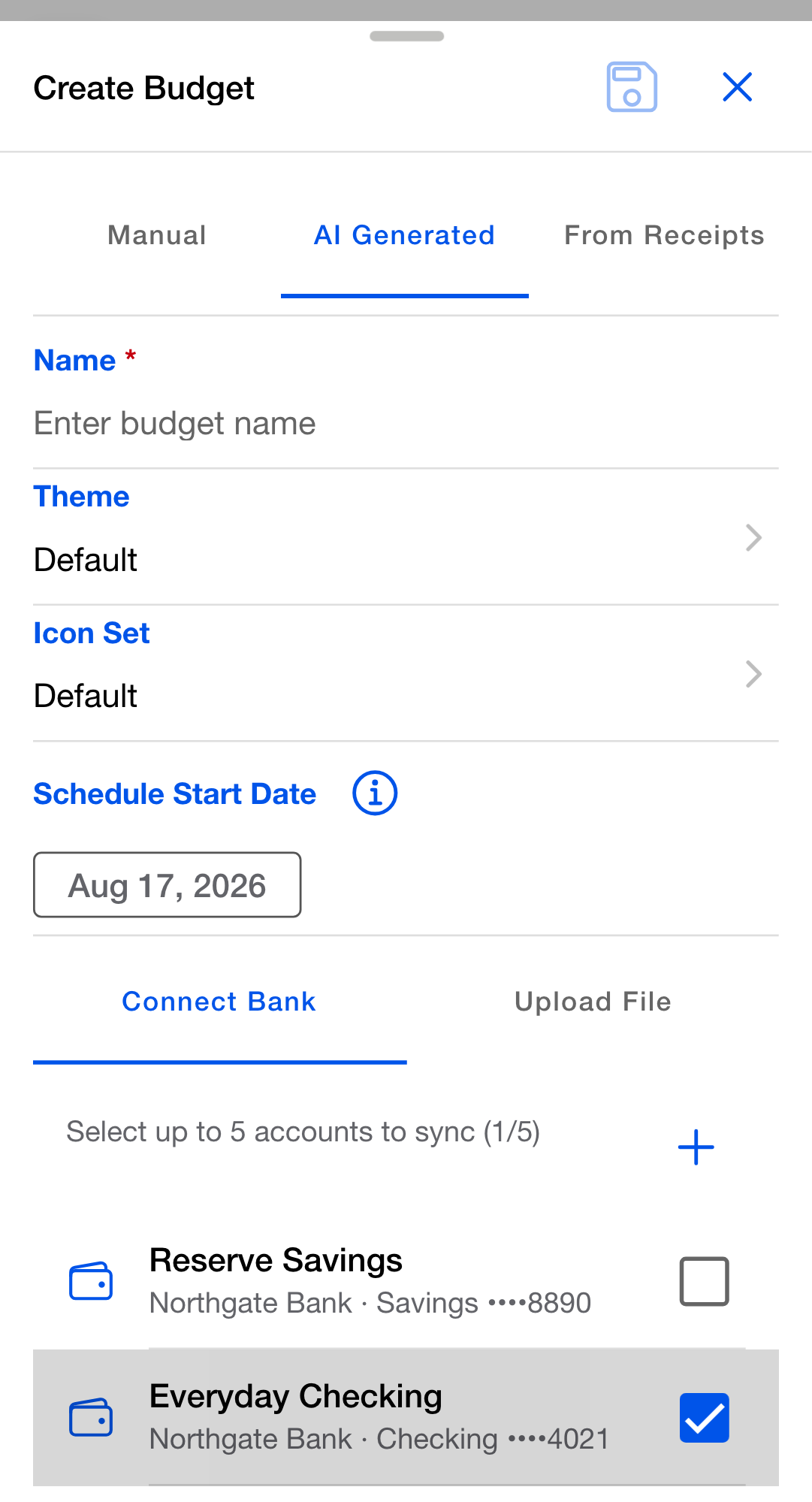 The Create Budget dialog with Connect Bank selected, listing a connected bank's checking and savings accounts with a checkbox on each row and one of them ticked.