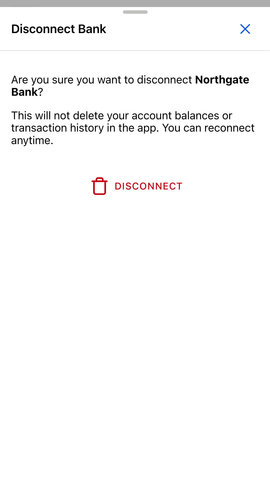 The Disconnect Bank dialog asking for confirmation, with a Disconnect button below the explanation.