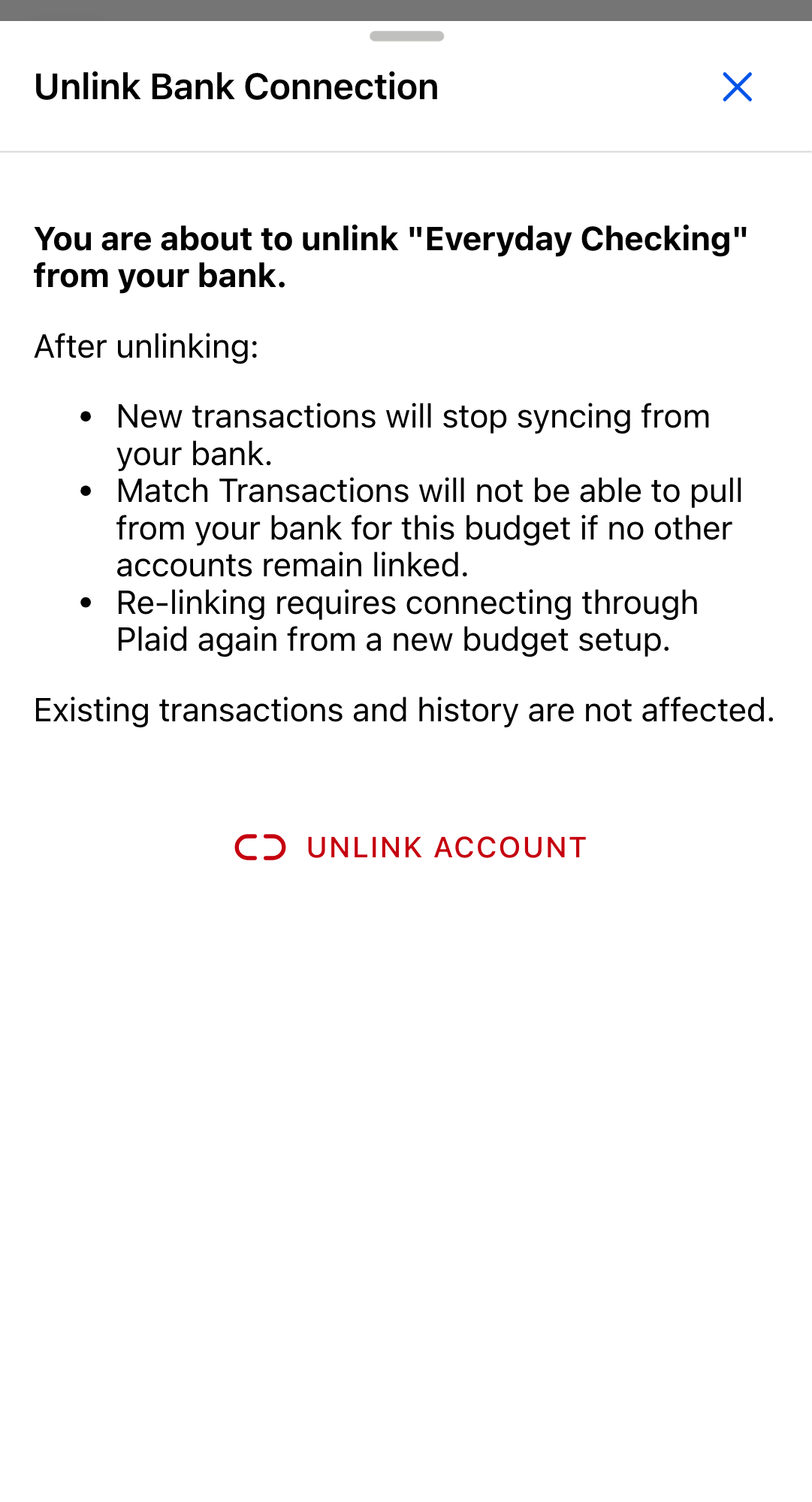 The Unlink Bank Connection dialog listing what changes after unlinking, with an Unlink Account button below it.