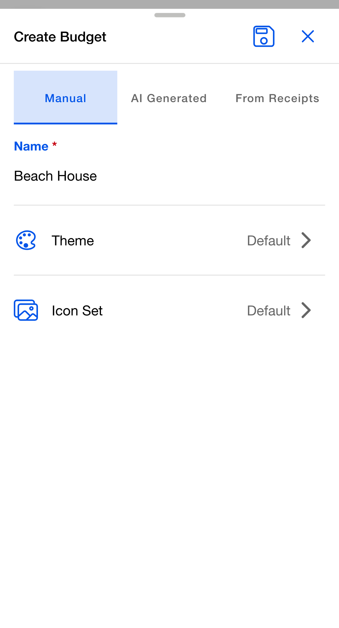 The Create Budget dialog on its Manual segment, with a Name field filled in and Theme and Icon Set rows both reading Default.