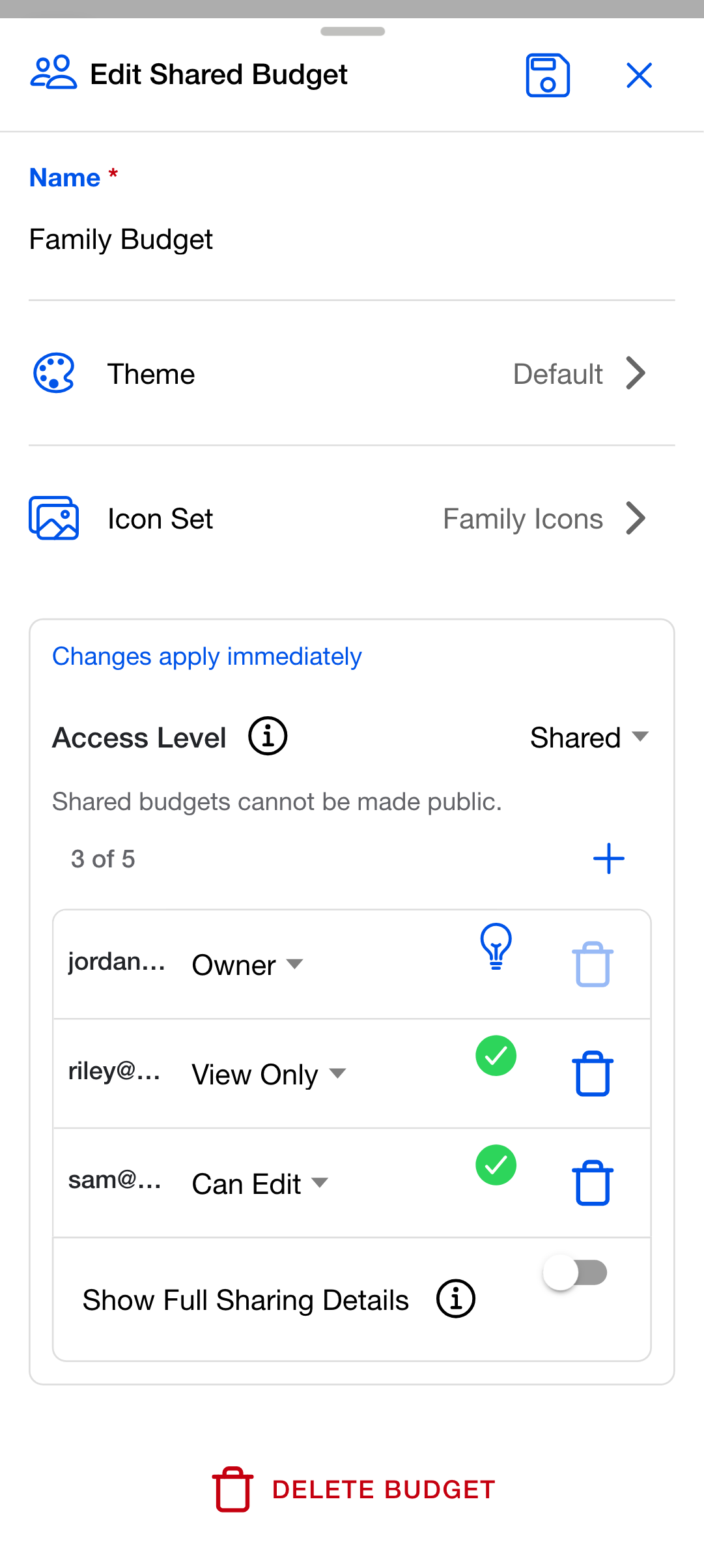 The Edit Shared Budget dialog showing the Name, Theme and Icon Set rows above the sharing card, with a Delete Budget button at the bottom.