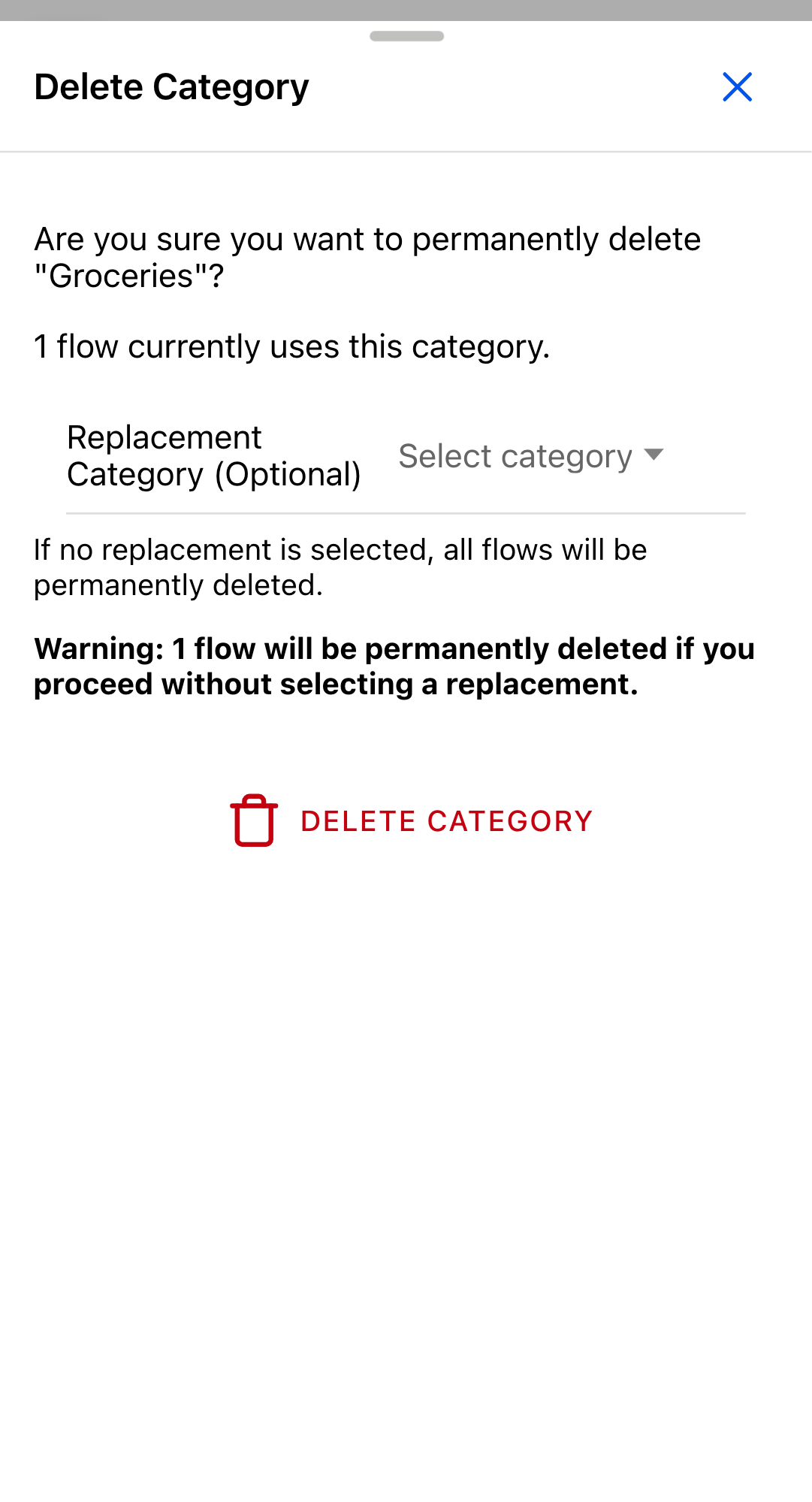 Delete Category dialog for the Groceries category. The body reads "Are you sure you want to permanently delete 'Groceries'?" and "1 flow currently uses this category." Below it a Replacement Category (Optional) selector reads "Select category", followed by "If no replacement is selected, all flows will be permanently deleted." and a bold warning "Warning: 1 flow will be permanently deleted if you proceed without selecting a replacement." A red Delete Category button sits at the bottom.