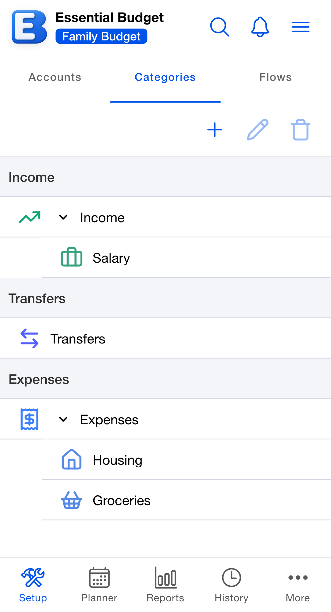 Setup tab with the Categories segment selected. Three section headers are stacked in order: Income, holding an Income category with Salary nested under it; Transfers, holding a Transfers category; and Expenses, holding an Expenses category with Housing and Groceries nested under it. Every row shows a coloured category icon and the category name.