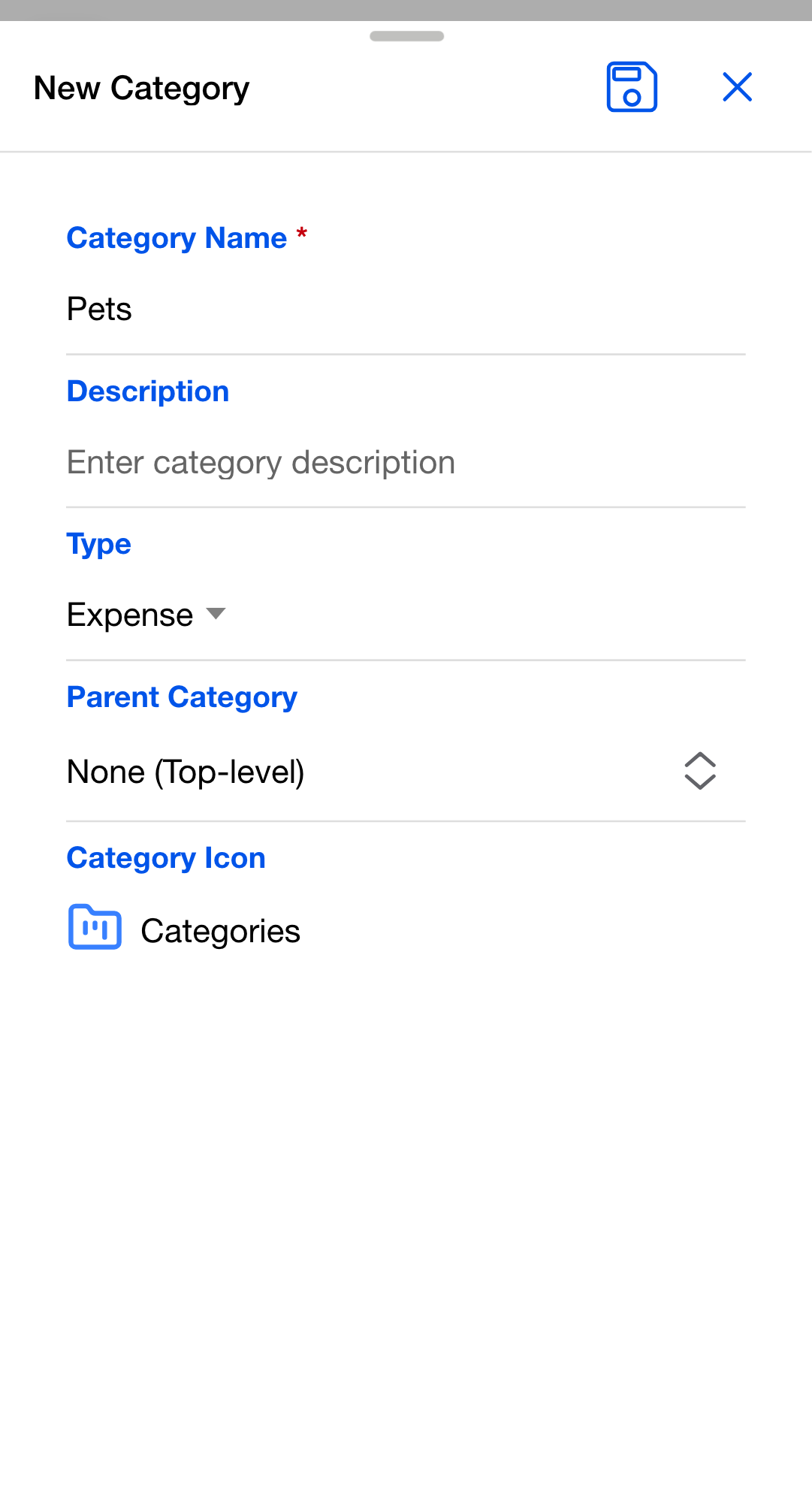 New Category dialog with Category Name set to "Pets", Description empty behind the placeholder "Enter category description", Type set to Expense, Parent Category showing None (Top-level), and Category Icon showing the default icon named Categories. A save button sits in the top right.
