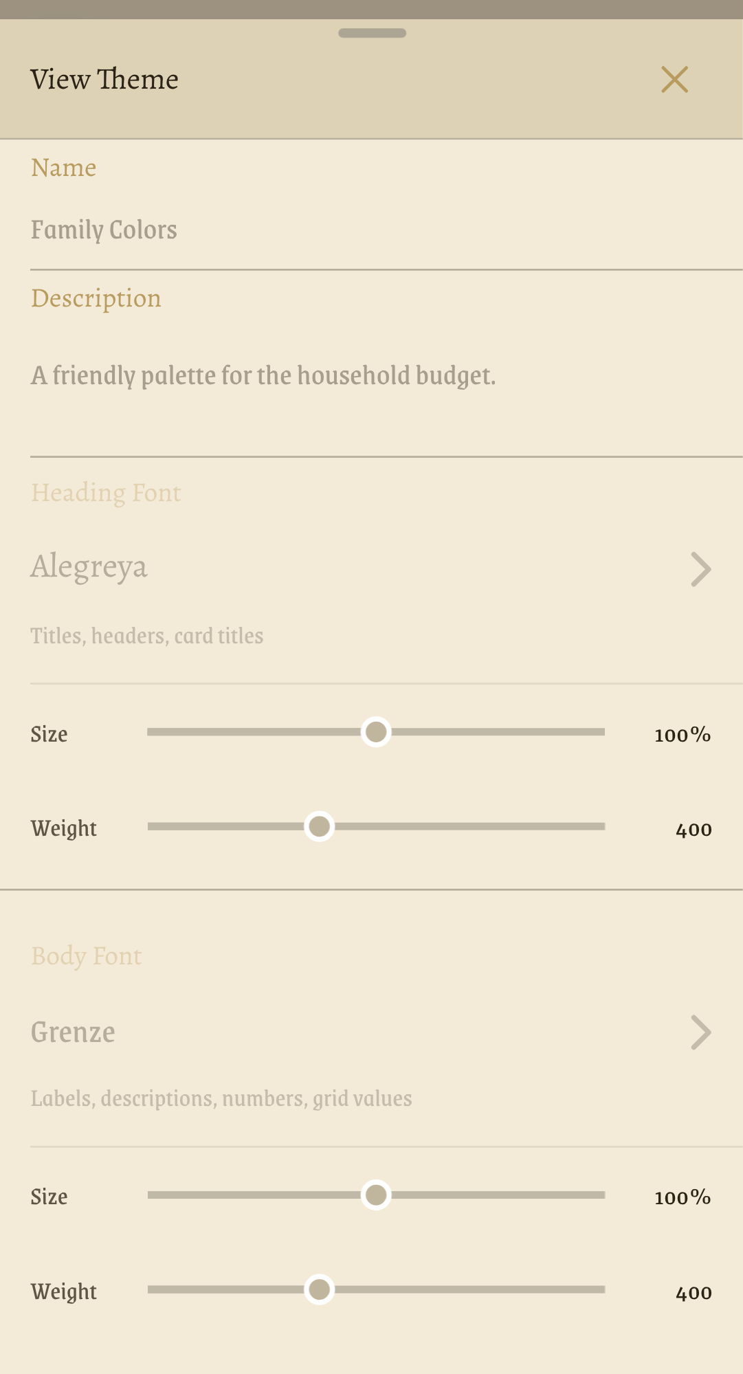 The View Theme dialog opened by tapping a theme card on Discover, showing the theme's name, description, and fonts, rendered in the theme itself.