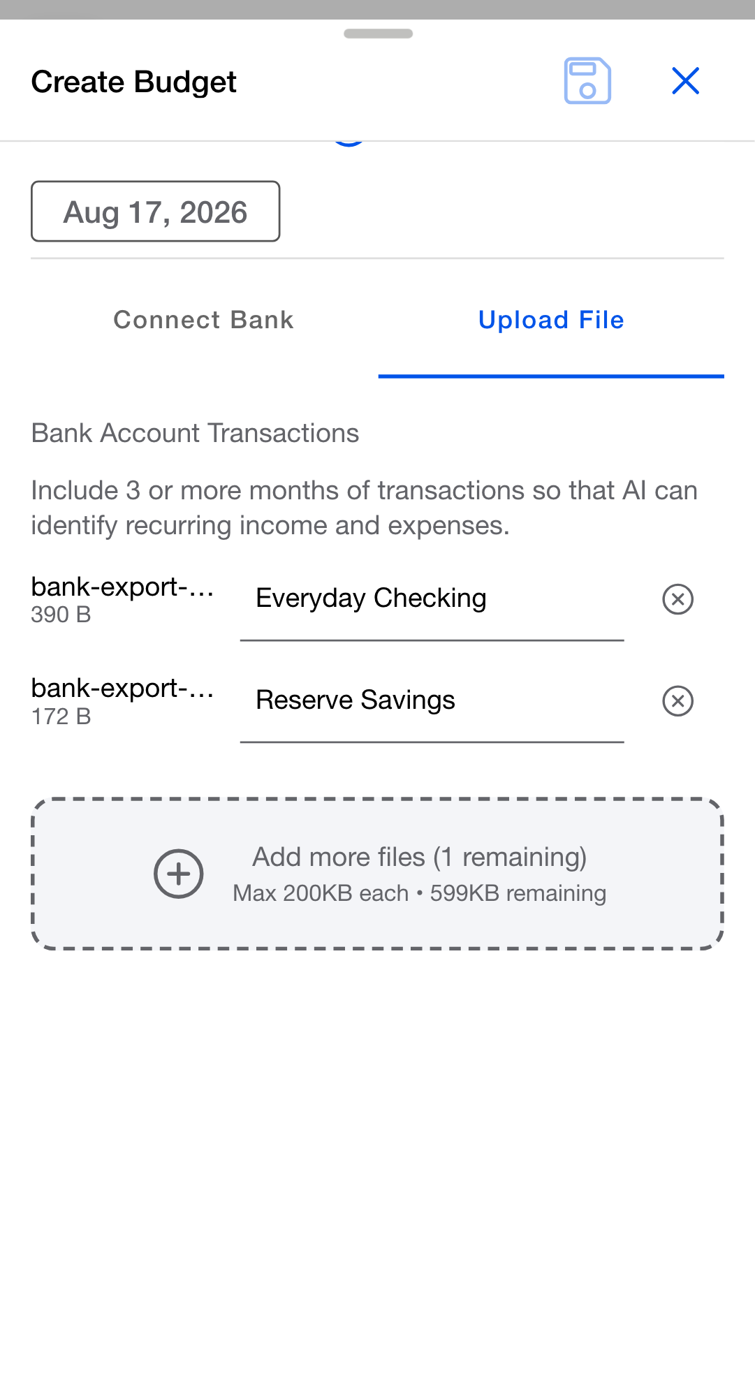 The Create Budget dialog with two transaction files added, each shown with its size and the name of the account it will become.