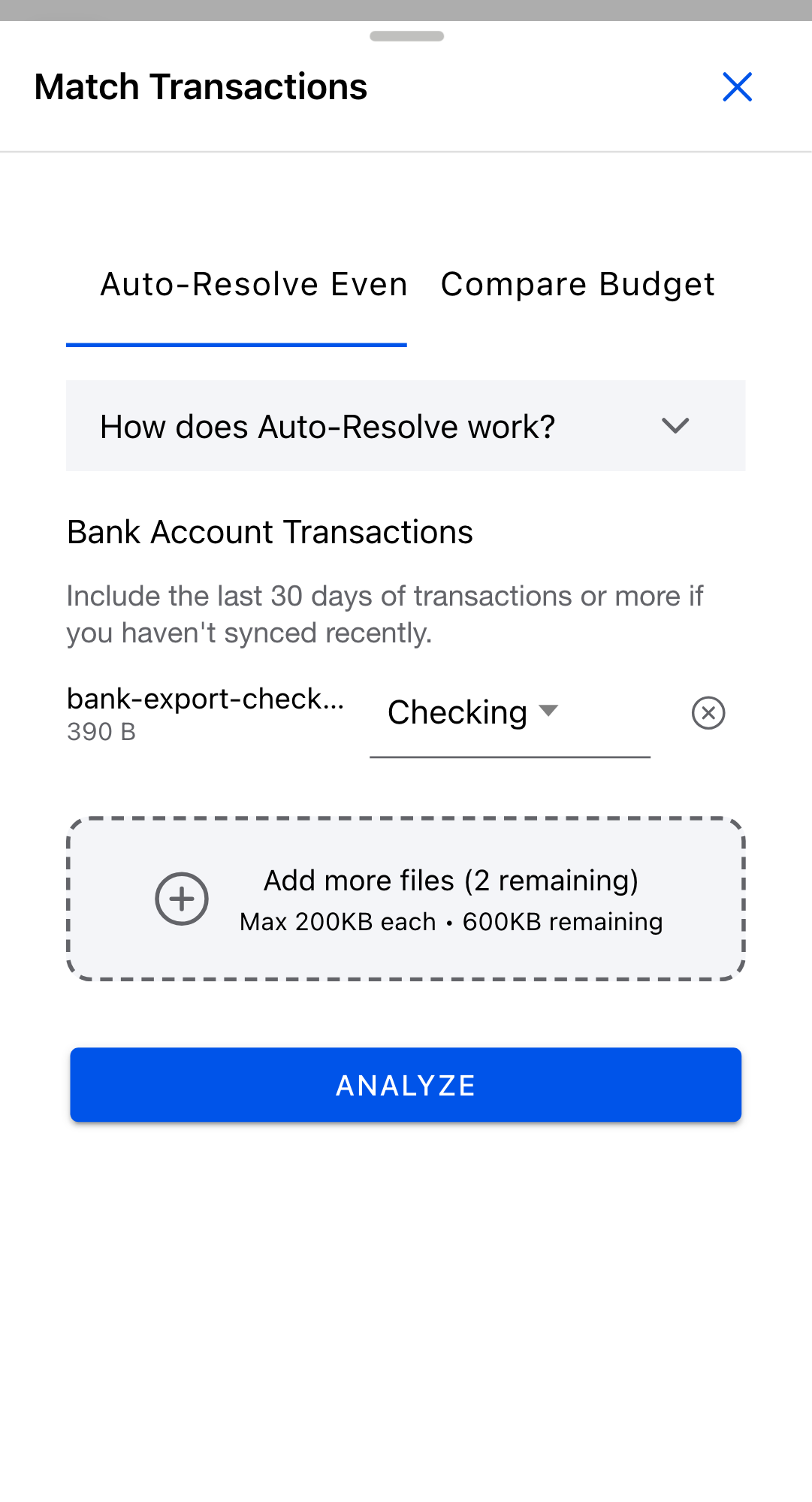The Match Transactions dialog with one file added, showing the account it will be filed under and the Analyze button below.