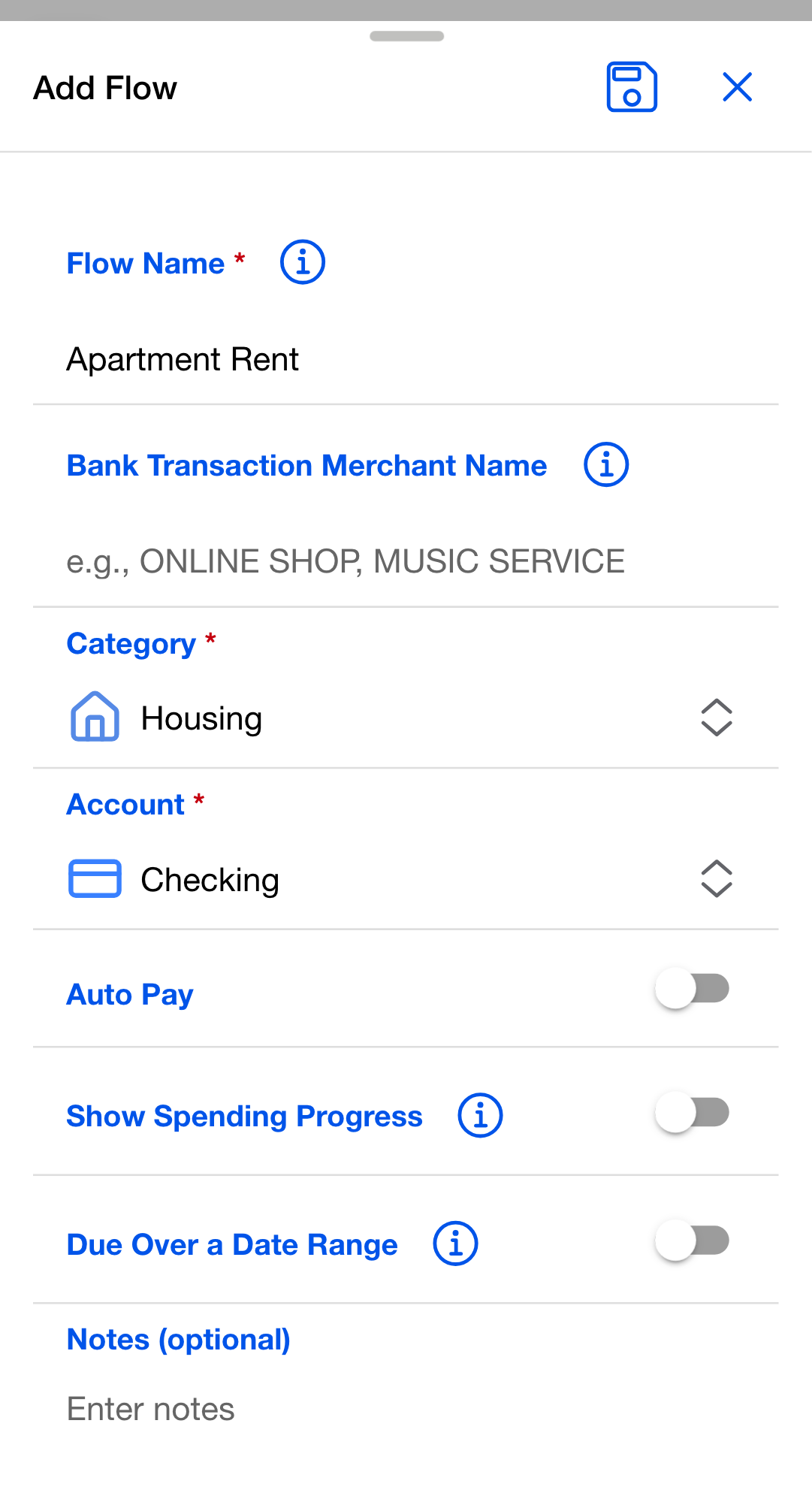Add Flow dialog for a Rent flow: Flow Name "Apartment Rent", Category "Housing" with a house icon, Account "Checking", and the Auto Pay, Show Spending Progress, and Due Over a Date Range toggles all off.