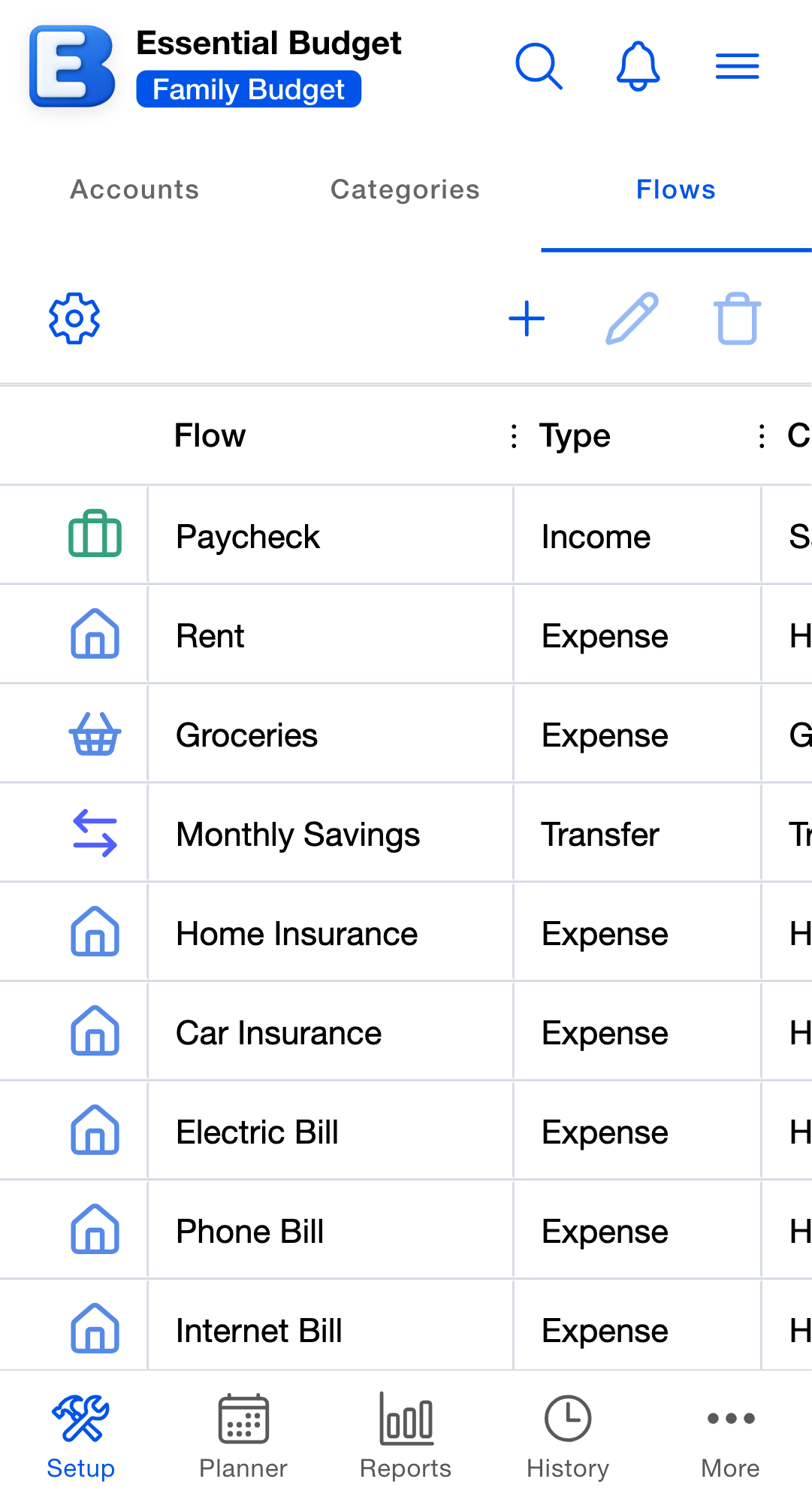 Setup tab with the Flows segment selected. The toolbar carries Grid Settings on the left and Add Flow, Edit Flow, and Delete Flow on the right, the last two greyed out because no row is selected. The list below shows Paycheck as Income, then Rent and Groceries as Expense, Monthly Savings as Transfer, and Home Insurance, Car Insurance, Electric Bill, Phone Bill, and Internet Bill as Expense, each with its category icon.