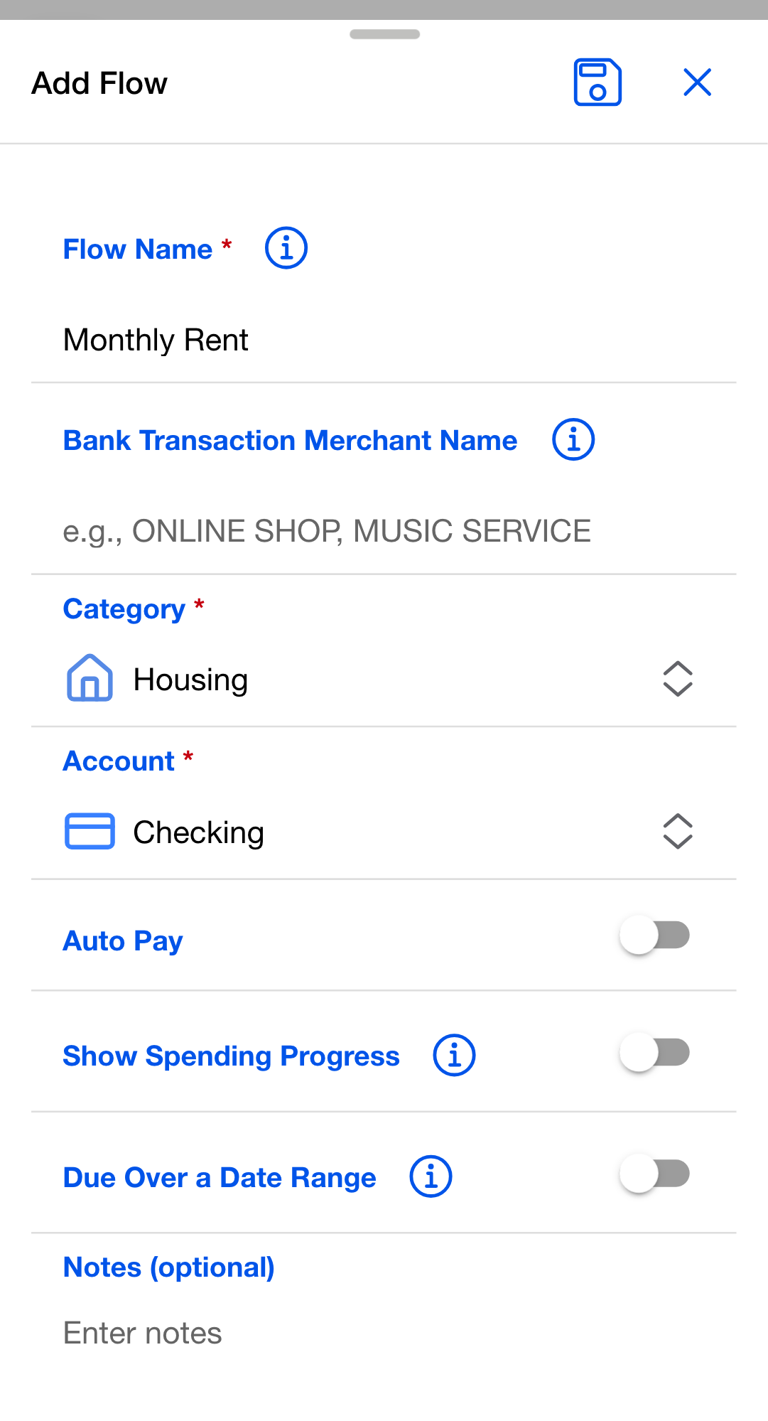 The Add Flow dialog filled in for a Monthly Rent flow: Flow Name, Category "Housing", Account "Checking", and the Auto Pay, Show Spending Progress, and Due Over a Date Range toggles all off.