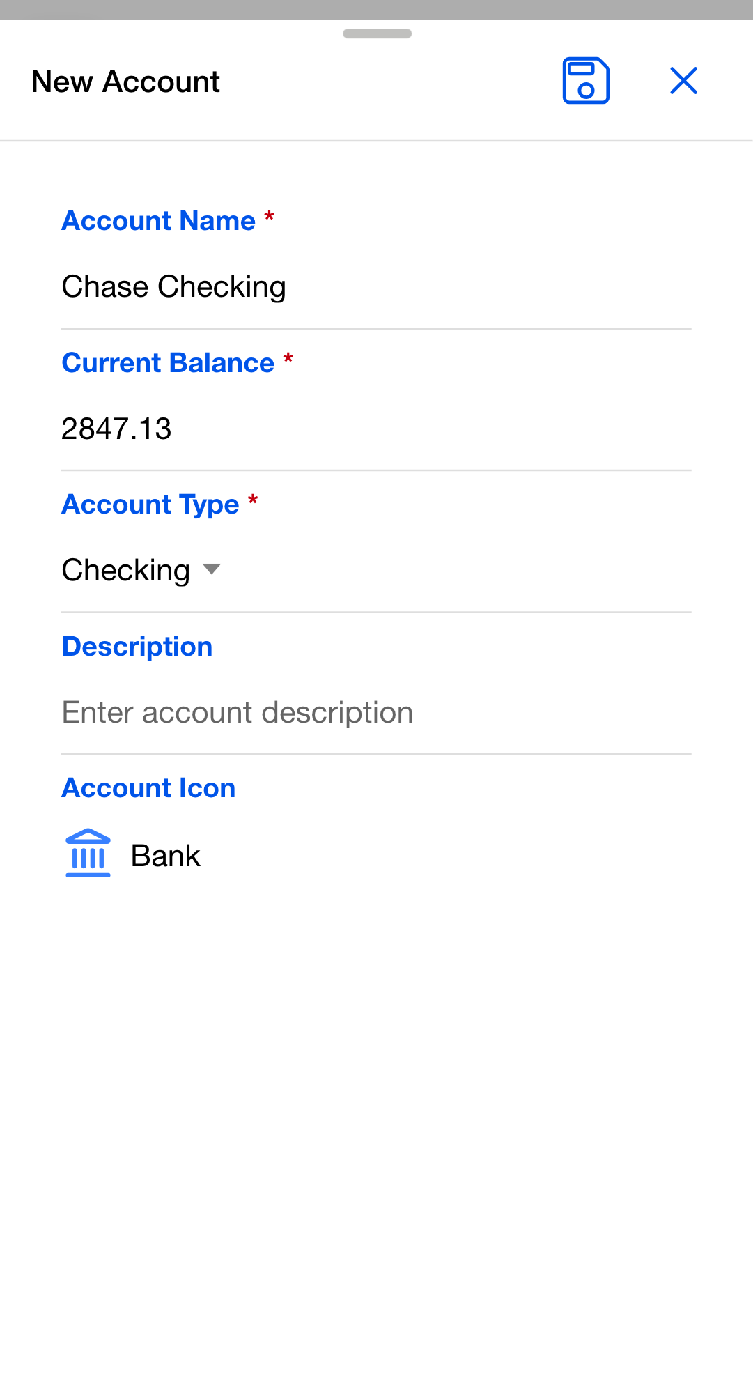 The New Account dialog with Account Name, Current Balance, and Account Type filled in.