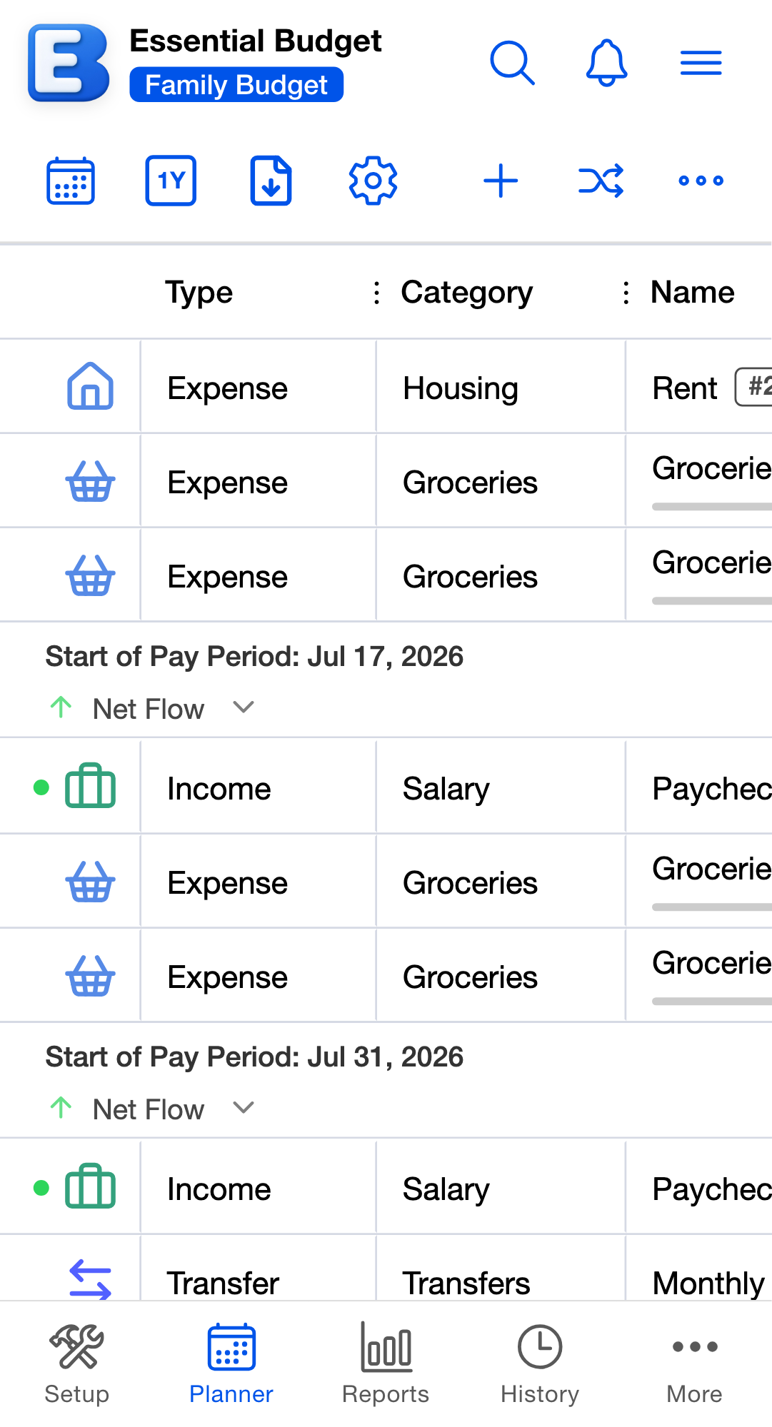 The Planner for a budget that has been set up, with paycheck, rent, subscription, and grocery rows and a running balance column.
