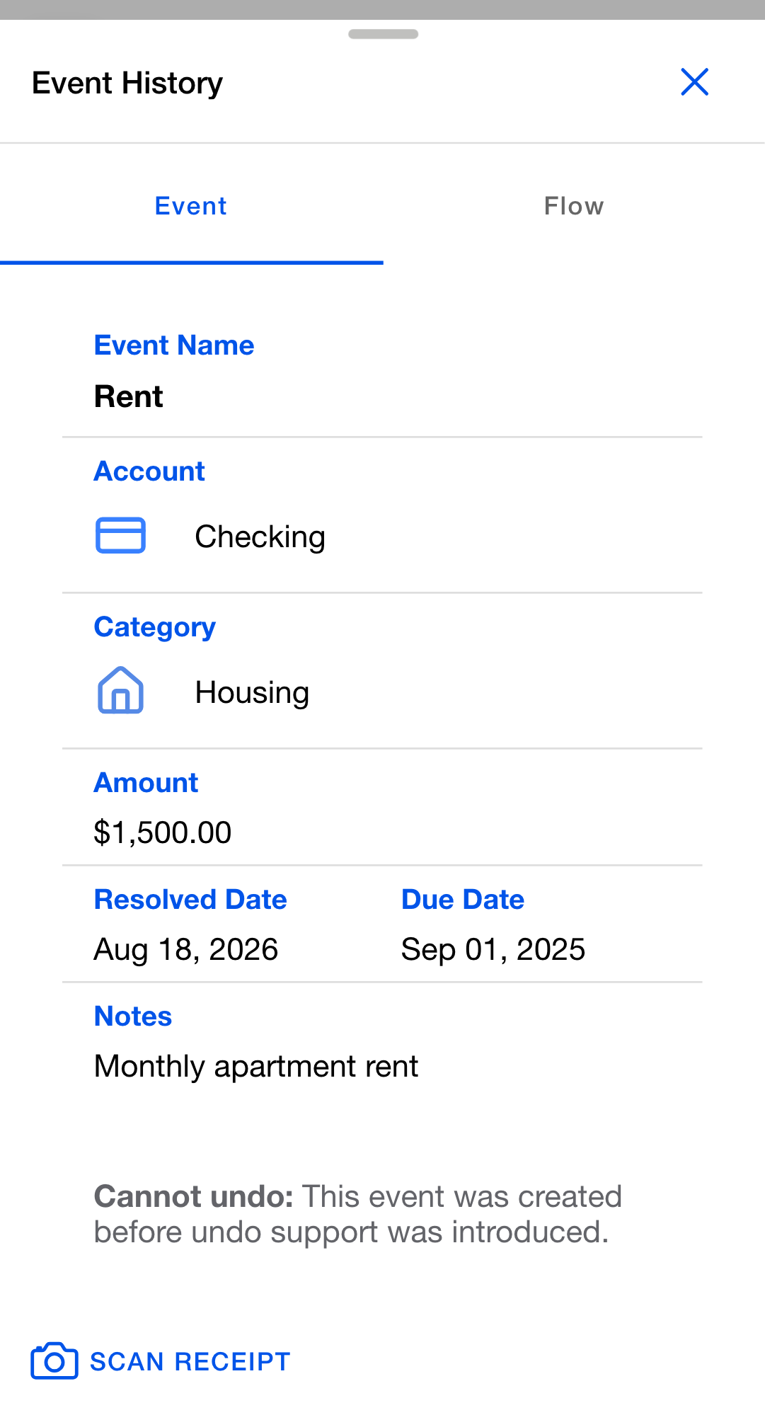 The Event History dialog on its Event tab, showing a Rent row's recorded name, account, category, amount and dates. In place of an undo button, a line reads Cannot undo: This event was created before undo support was introduced.