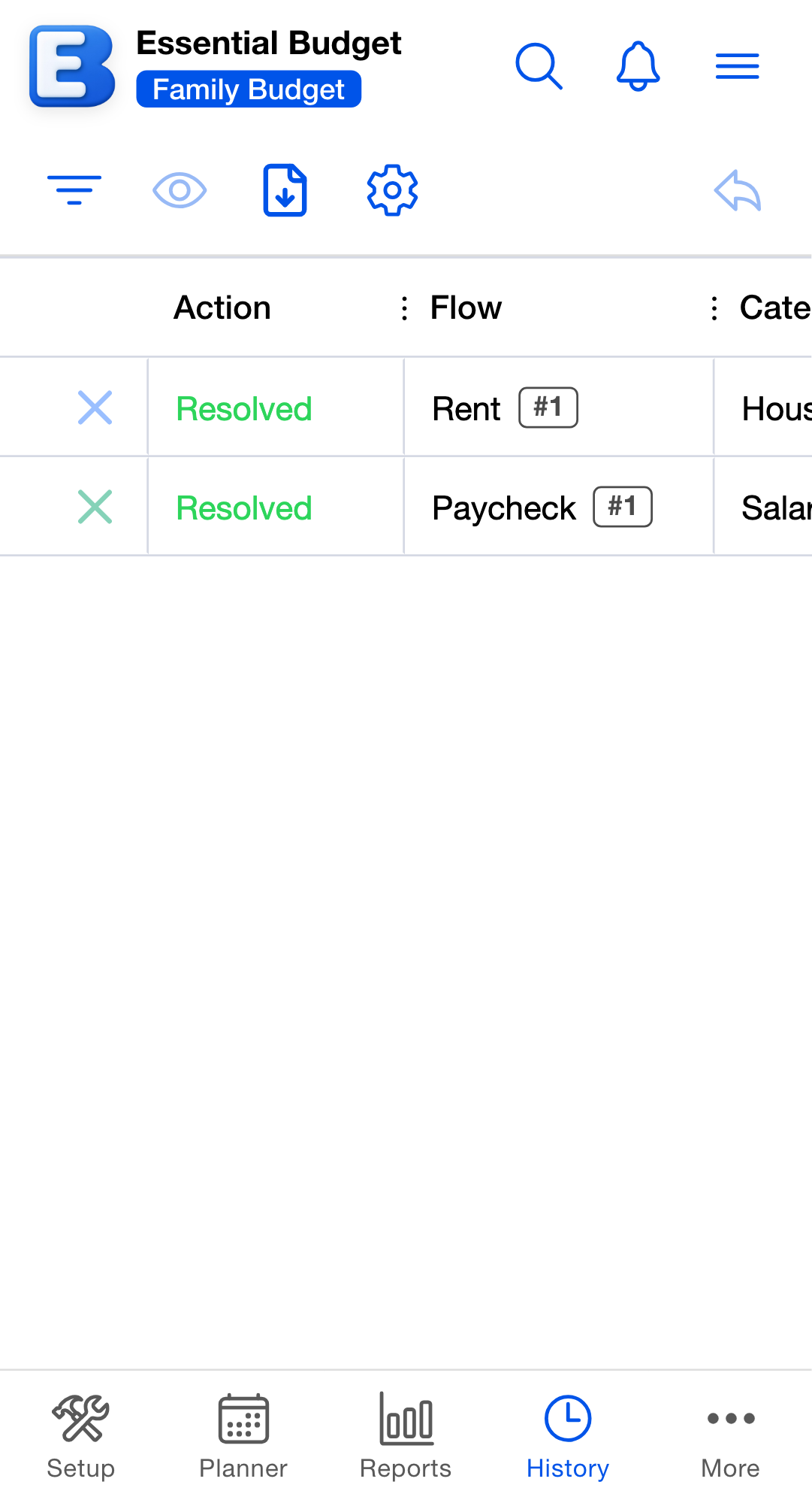 The History tab of the budget tracker, listing two resolved rows, Rent and Paycheck. The toolbar above the grid holds Filter by Status, View History Item, Export to Excel or CSV and Grid Settings as icon buttons on the left, with Undo Action on the right.