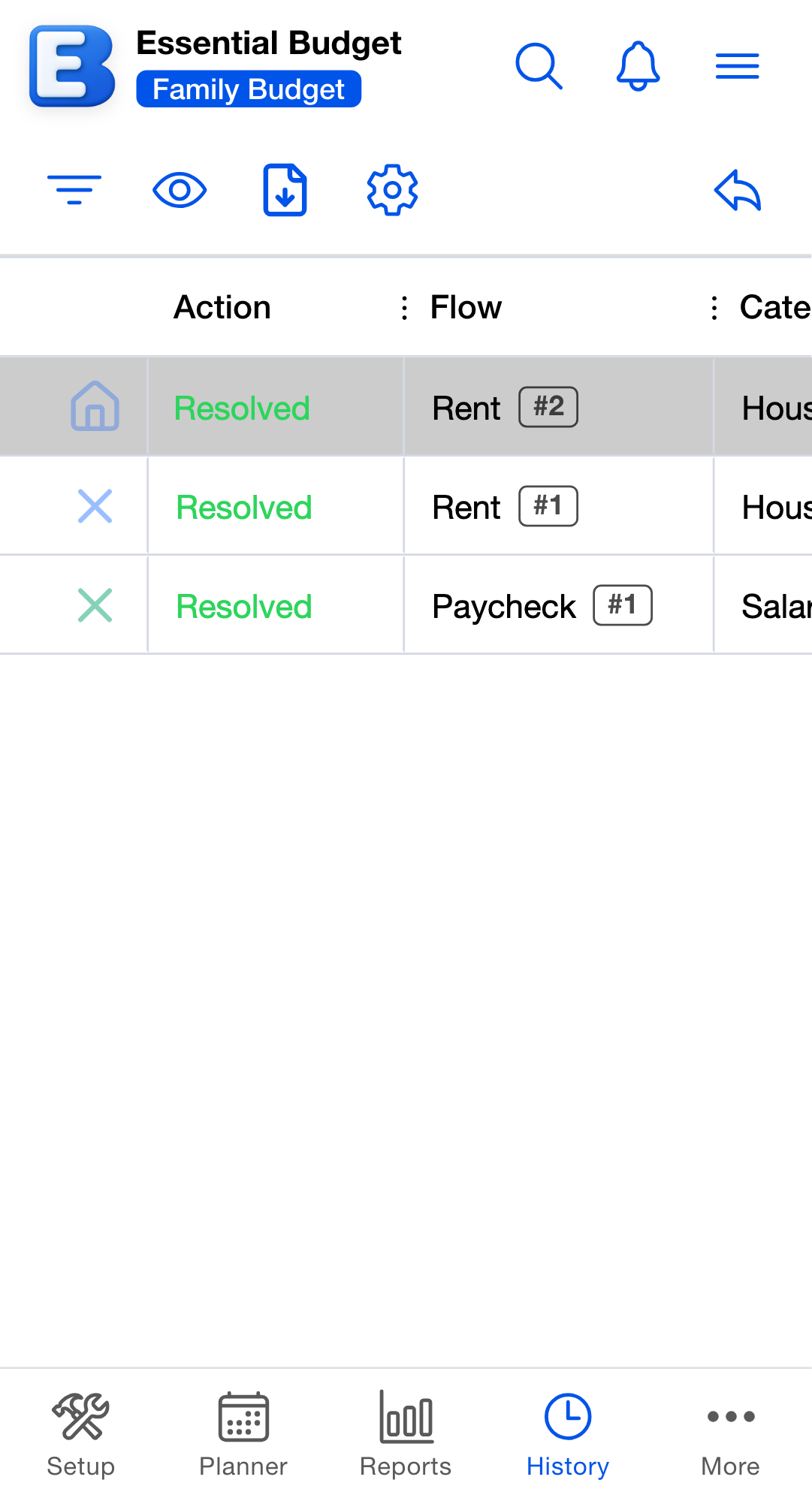 The History grid with a resolved Rent row selected. The undo arrow at the right of the toolbar has changed from faded to solid, showing it is enabled for the selected row.