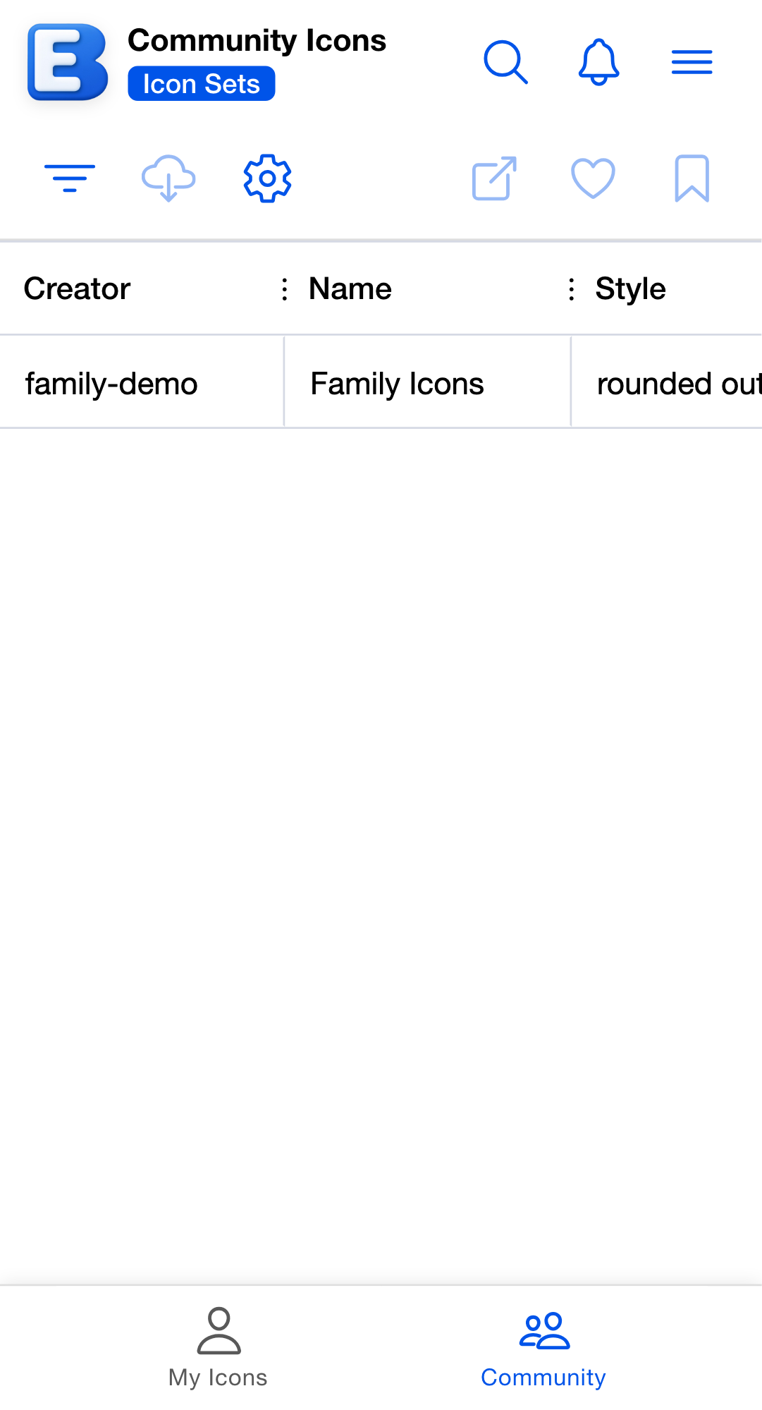 Icon Sets page on the Community tab, titled Community Icons. A data grid with Creator, Name, and Style columns lists one published set, Family Icons by family-demo. The toolbar holds Filter, Download Icon Set, and Grid Settings on the left, and Open Icon Set, Like, and Add Bookmark on the right. The tab bar at the bottom shows My Icons and Community.