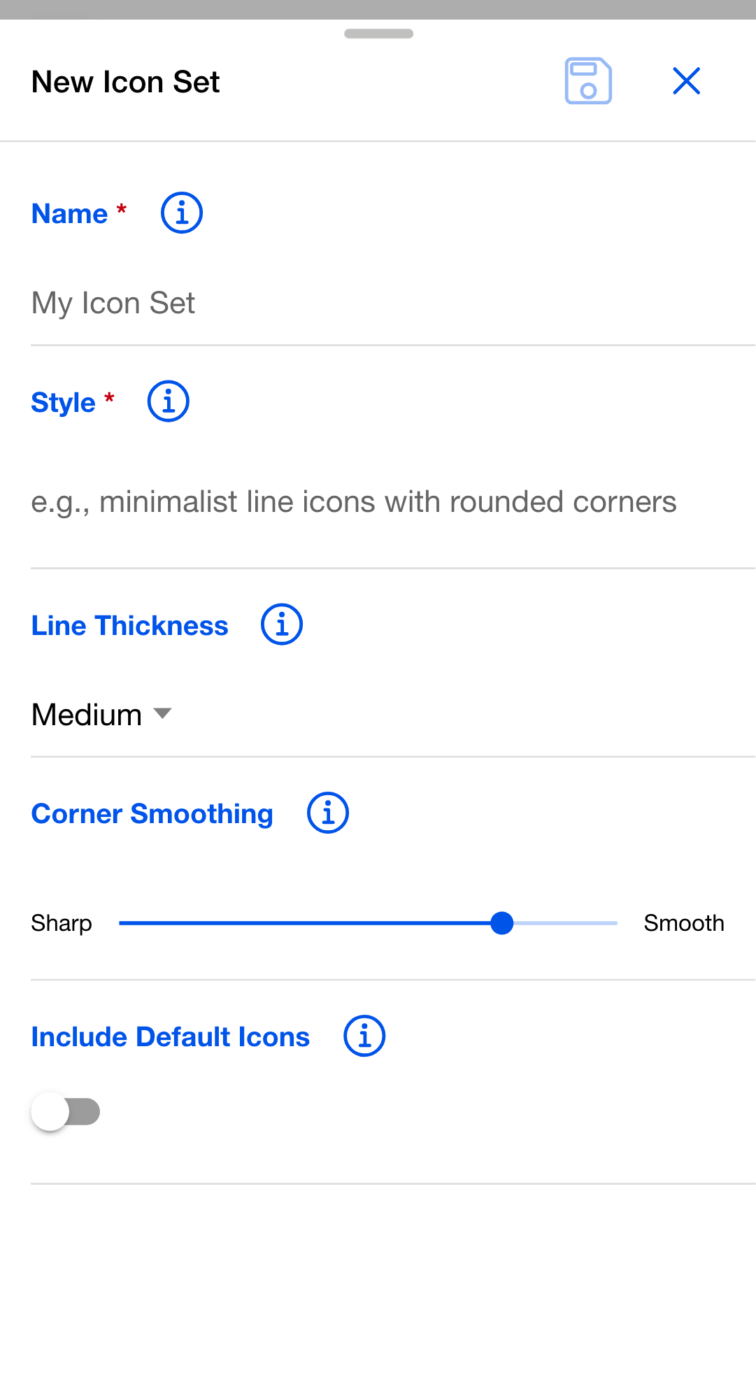 New Icon Set dialog with fields for Name and Style, a Line Thickness selector set to Medium, a Corner Smoothing slider running from Sharp to Smooth, and an Include Default Icons toggle.