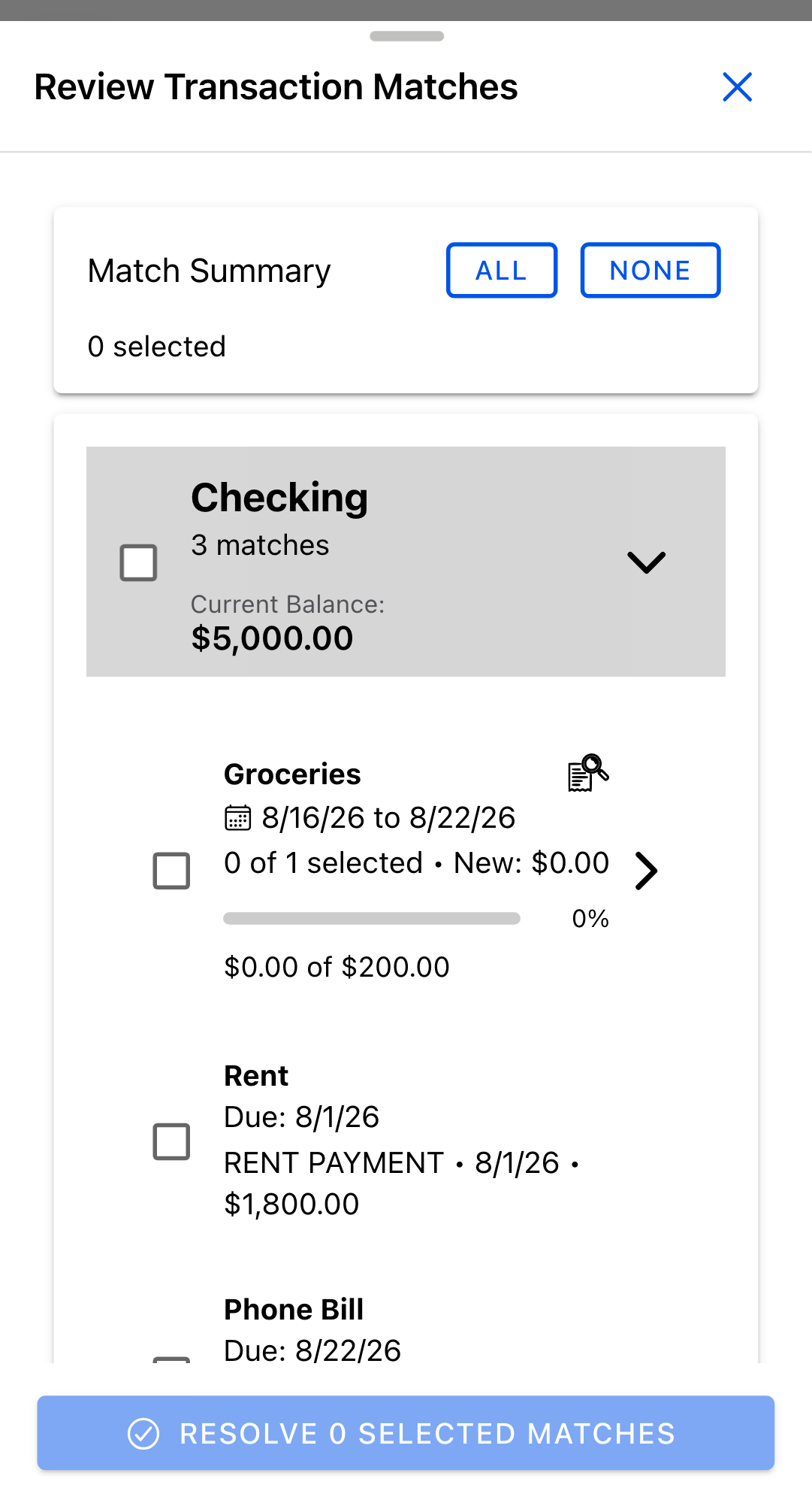 Review Transaction Matches dialog. The Match Summary card at the top carries All and None buttons on the right and reads "0 selected". Below it an account card for Checking shows "1 match" and a Cu...