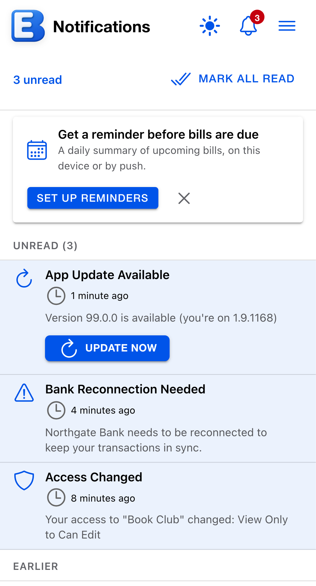An App Update Available row reading Version 99.0.0 is available, with an Update Now button.