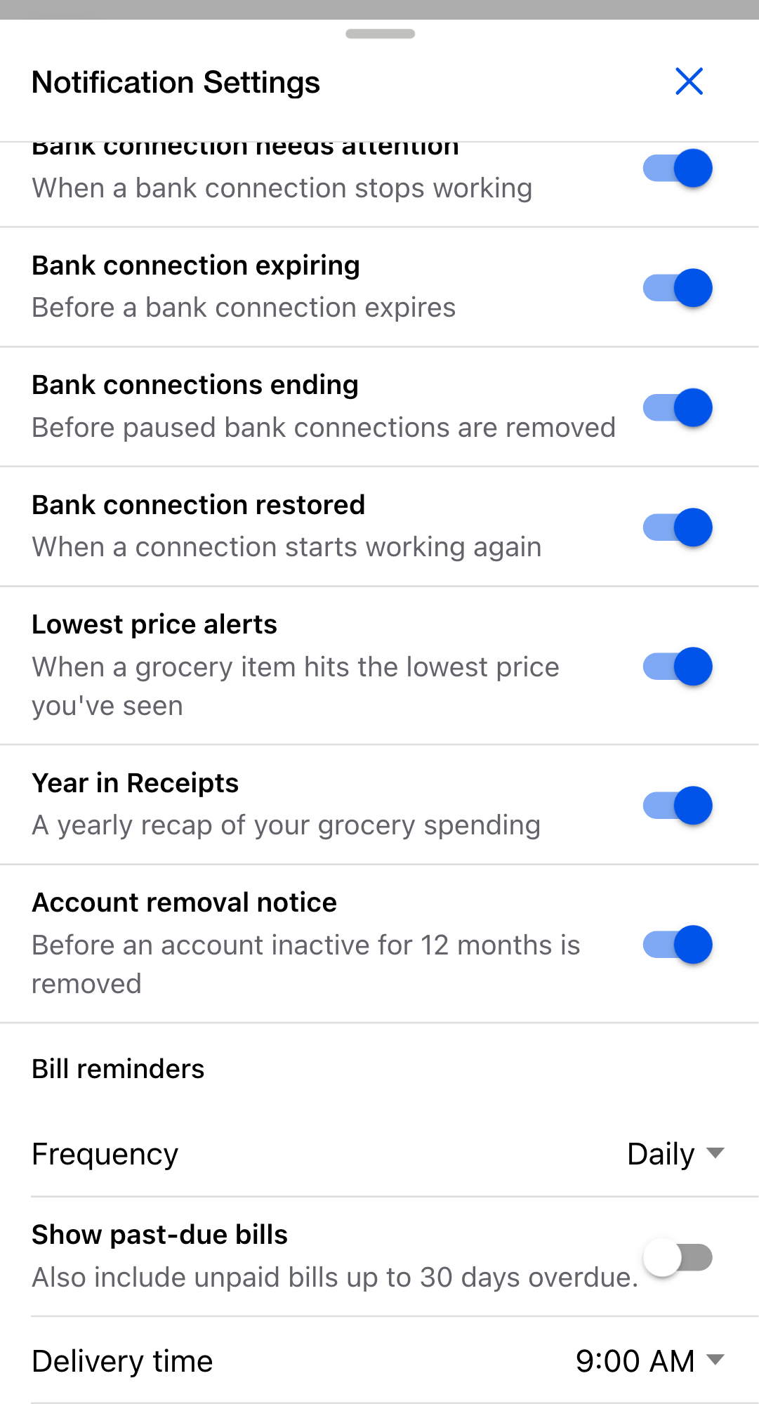 The Bill reminders section of Notification Settings, showing the Frequency select on Daily, the Show past-due bills toggle, and Delivery time set to 9:00 AM.
