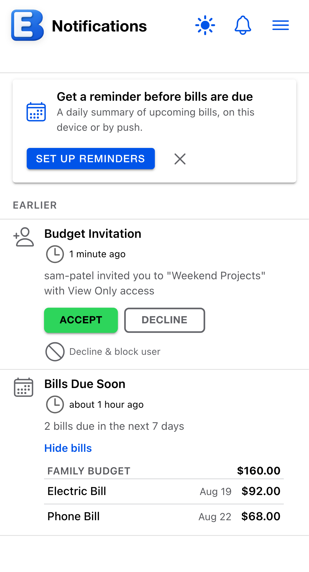 A Bills Due Soon row expanded to its bill list. Two bills sit under a Family Budget group header with the group's subtotal, each with a due date and amount.