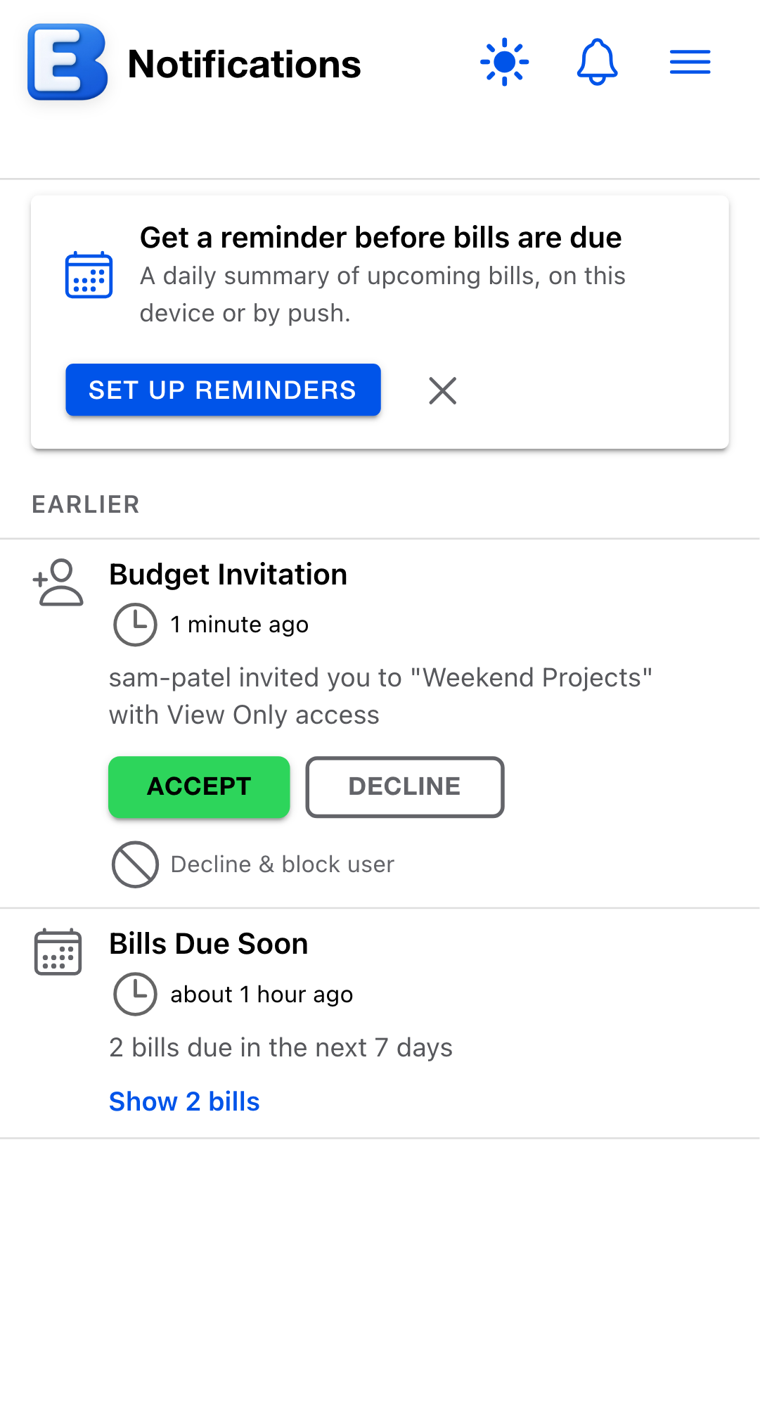 A Budget Invitation row for Weekend Projects from sam-patel offering View Only access, with Accept and Decline buttons and a Decline and block user link below them.