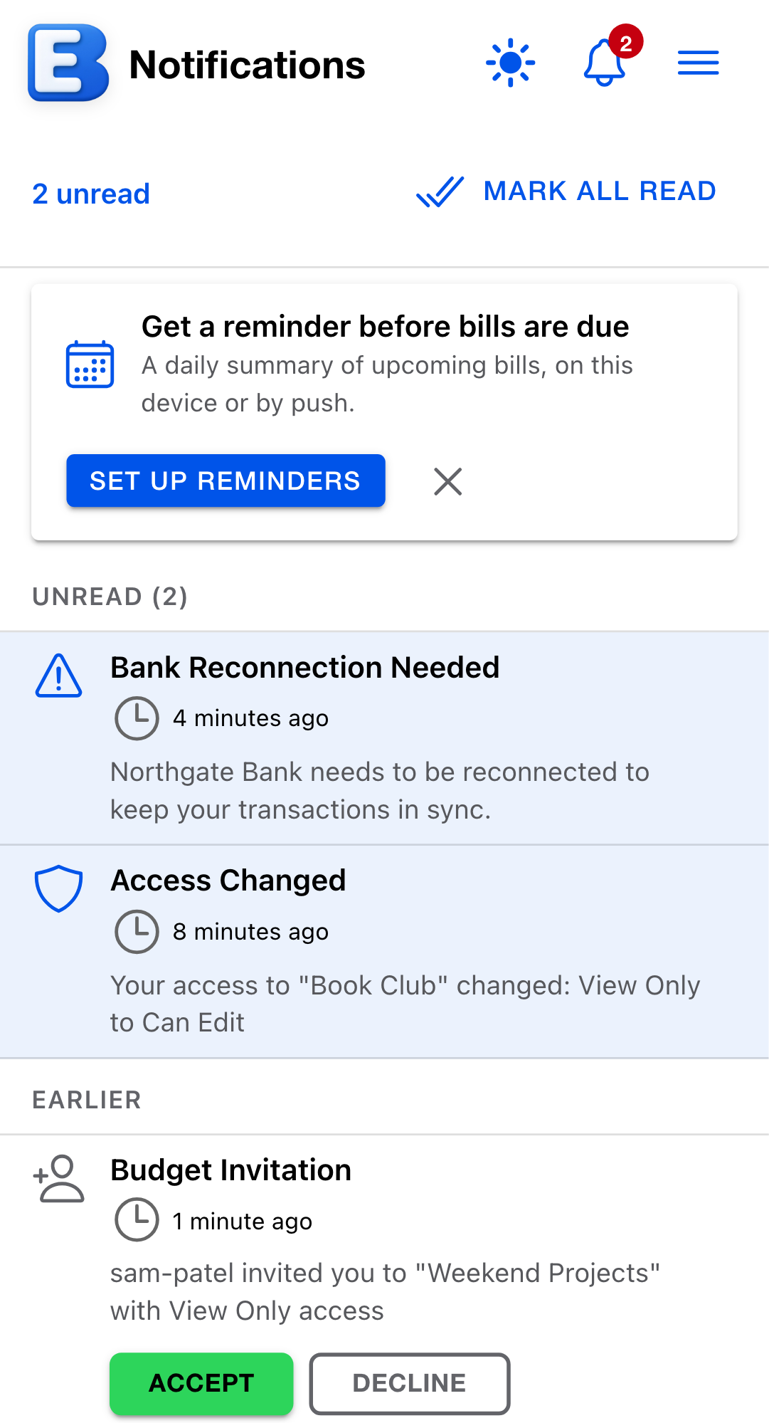 The Notifications page with the unread count and Mark all read control above the bill reminder setup card and the Unread and Earlier sections of the list.