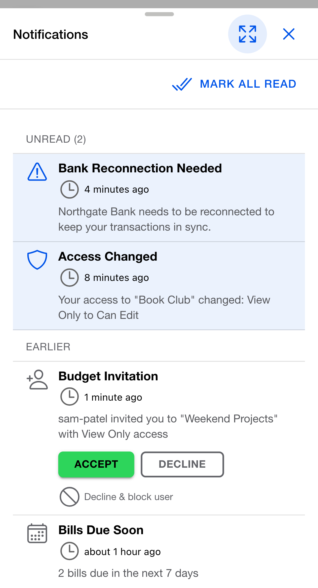 The Notifications dialog open over the page. A Mark all read button sits above an Unread section holding a bank alert and an access change, with the read budget invitation and bill reminder under Earlier.