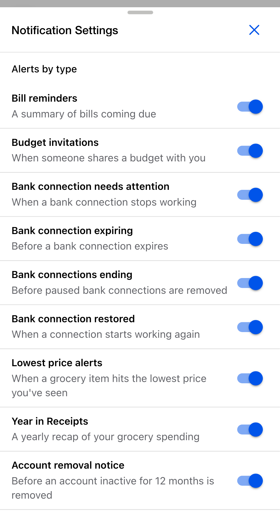 The Notification Settings dialog scrolled to Alerts by type: nine notification types, each with its own toggle, from Bill reminders to Account removal notice.