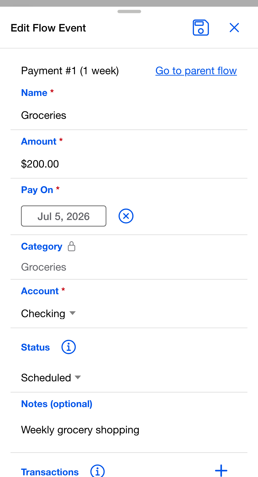 Edit Flow Event dialog open for a Groceries event. Name "Groceries", Amount $250.00, Pay On 2026-05-07, Account "Chase Checking", Status "Scheduled", Notes empty. Below those, a "Transactions"...