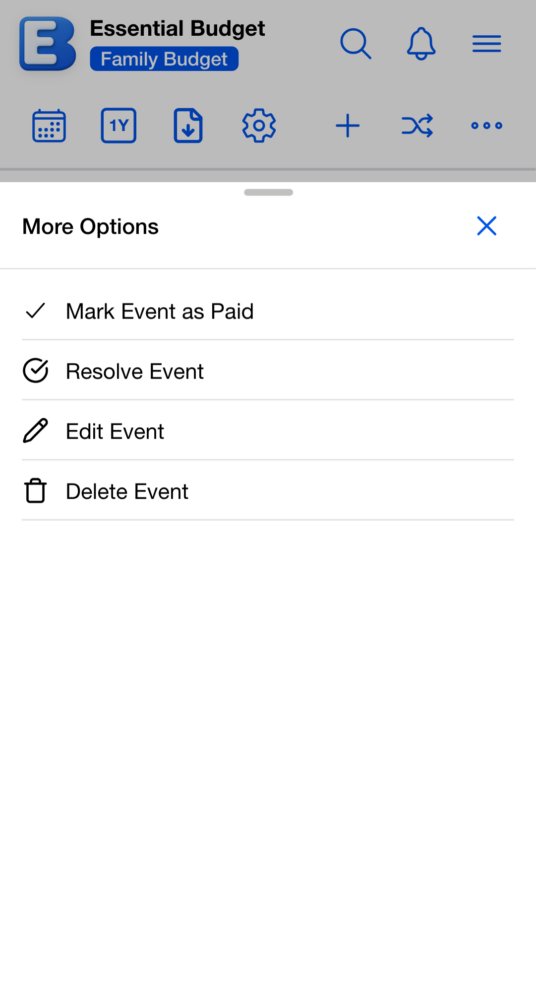Right-side Planner toolbar with six icon buttons stacked vertically: Add Flow, Match Transactions, Mark Event as Paid, Resolve Event, Edit Event, Delete Event. A selected Scheduled row in the Grid behind the toolbar is highlighted to...