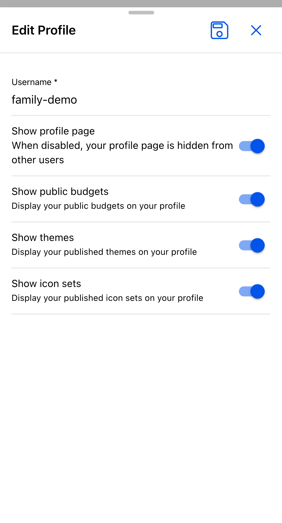 The Edit Profile dialog with the Username field above four toggles: Show profile page, Show public budgets, Show themes, and Show icon sets, all switched on.