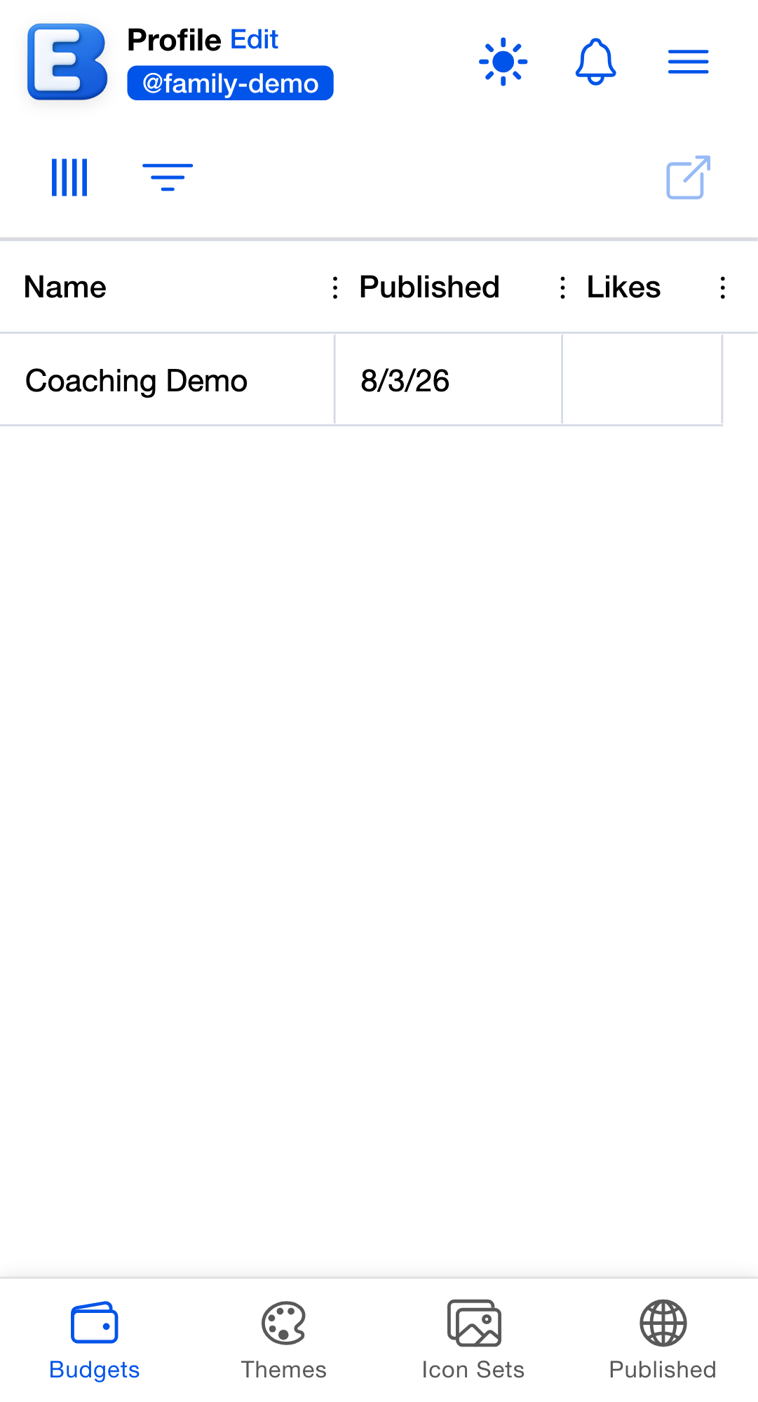 Your own profile page for @family-demo, with bottom tabs Budgets, Themes, Icon Sets, and the owner-only Published tab. The Budgets grid lists the Coaching Demo budget with its published date and likes.