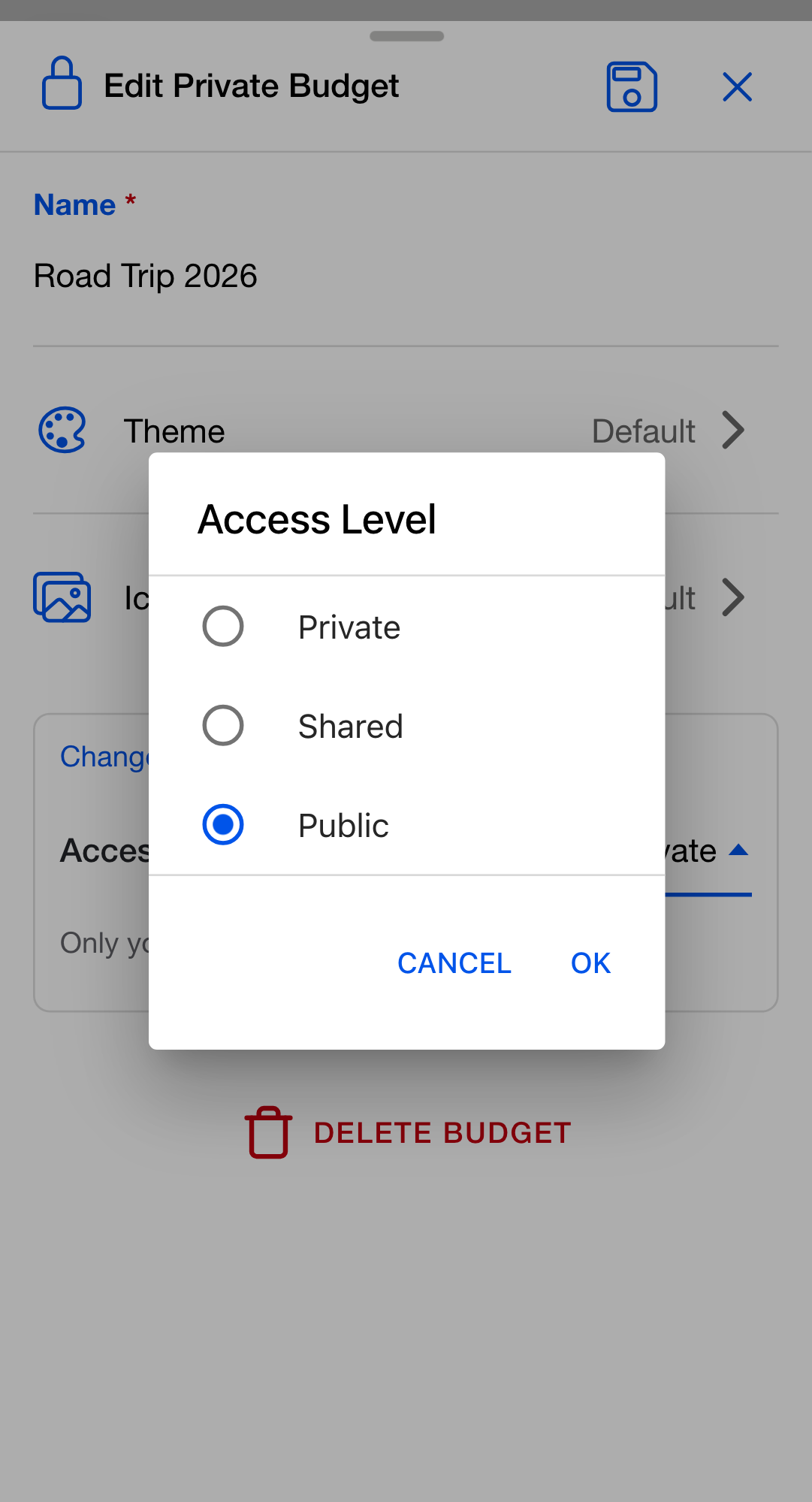 The Access Level options as they appear when you tap the selector: Private, Shared, and Public.