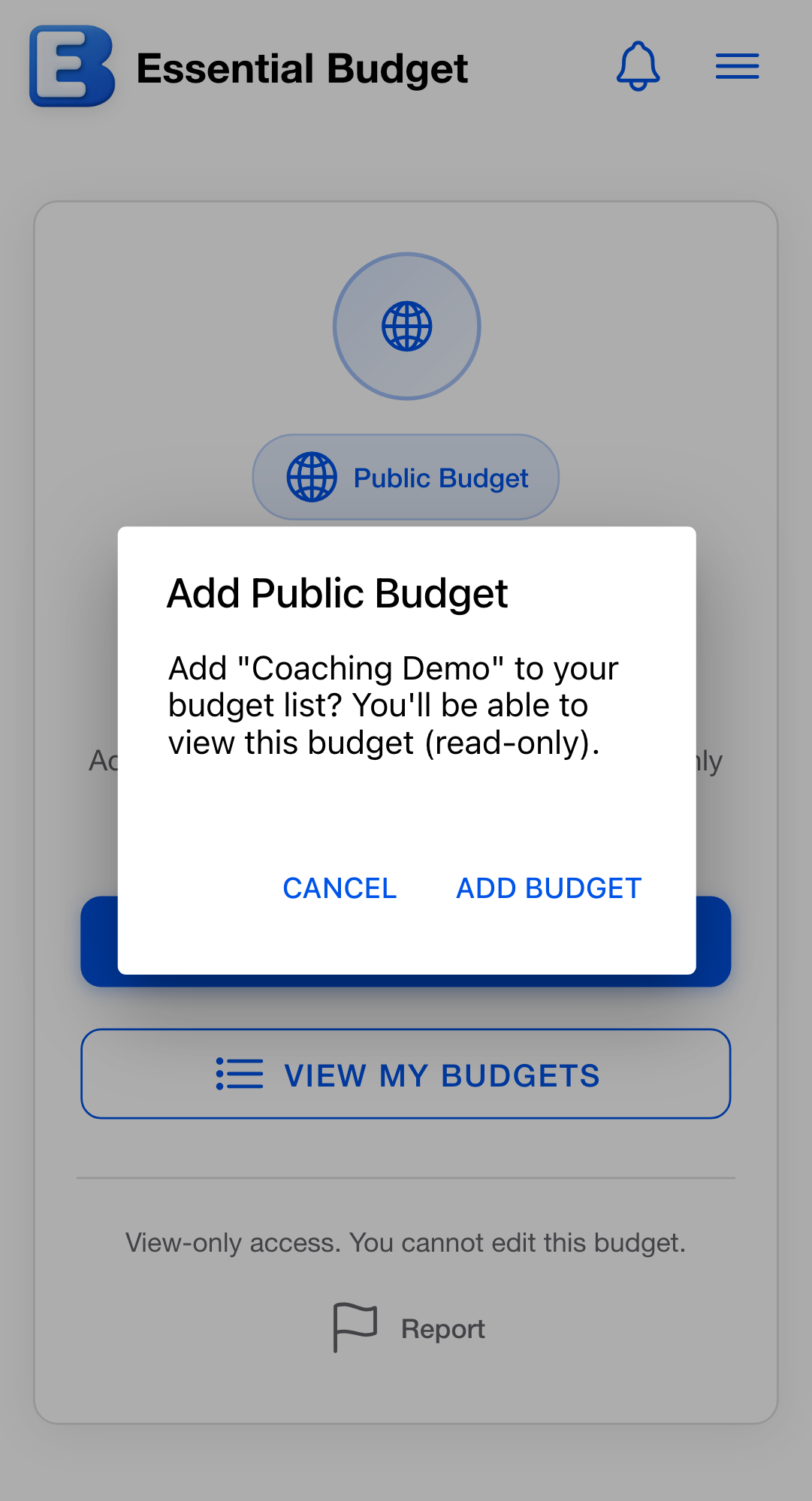 The Add Public Budget confirmation, quoting the read-only terms, with Cancel and Add Budget buttons.